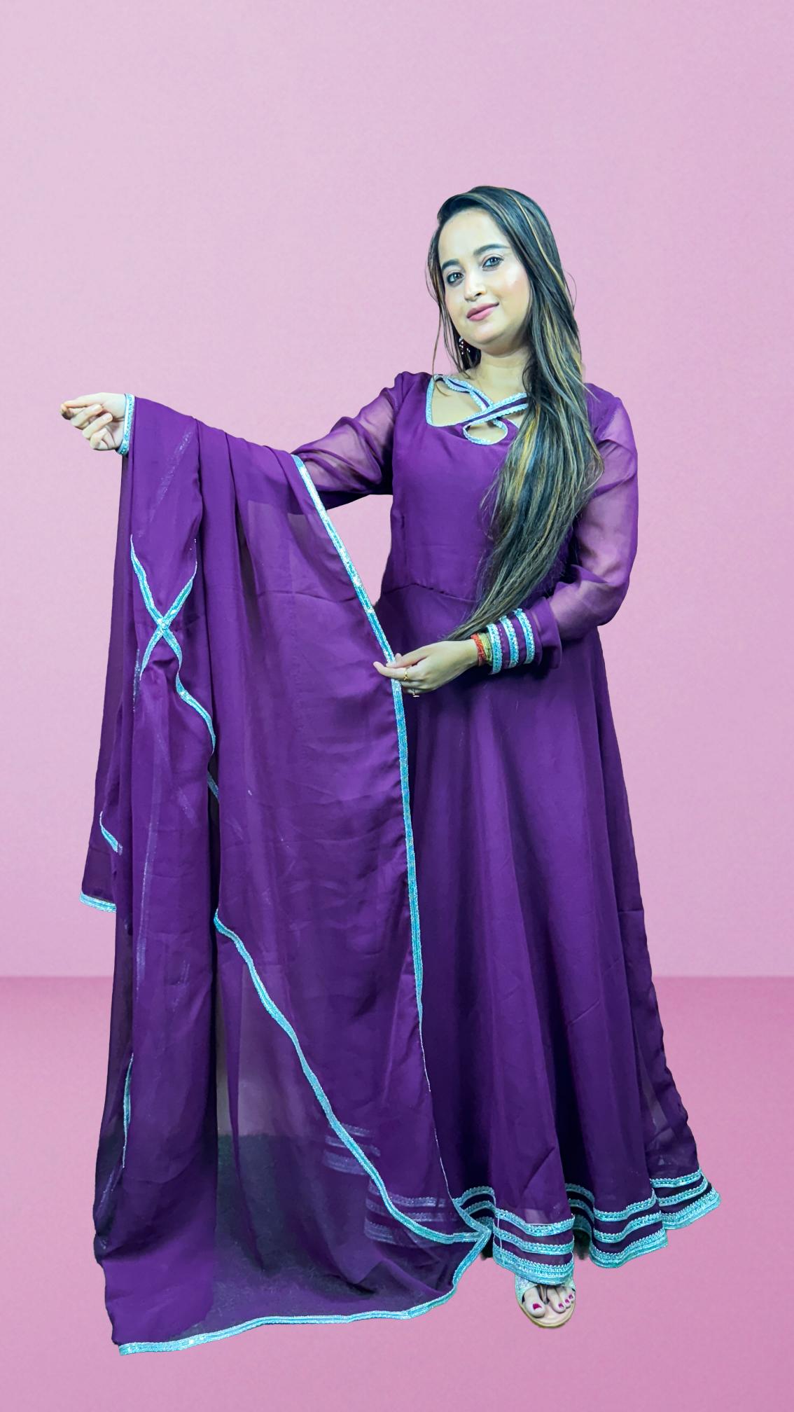 Plum Purple Lace-Trim Anarkali Set