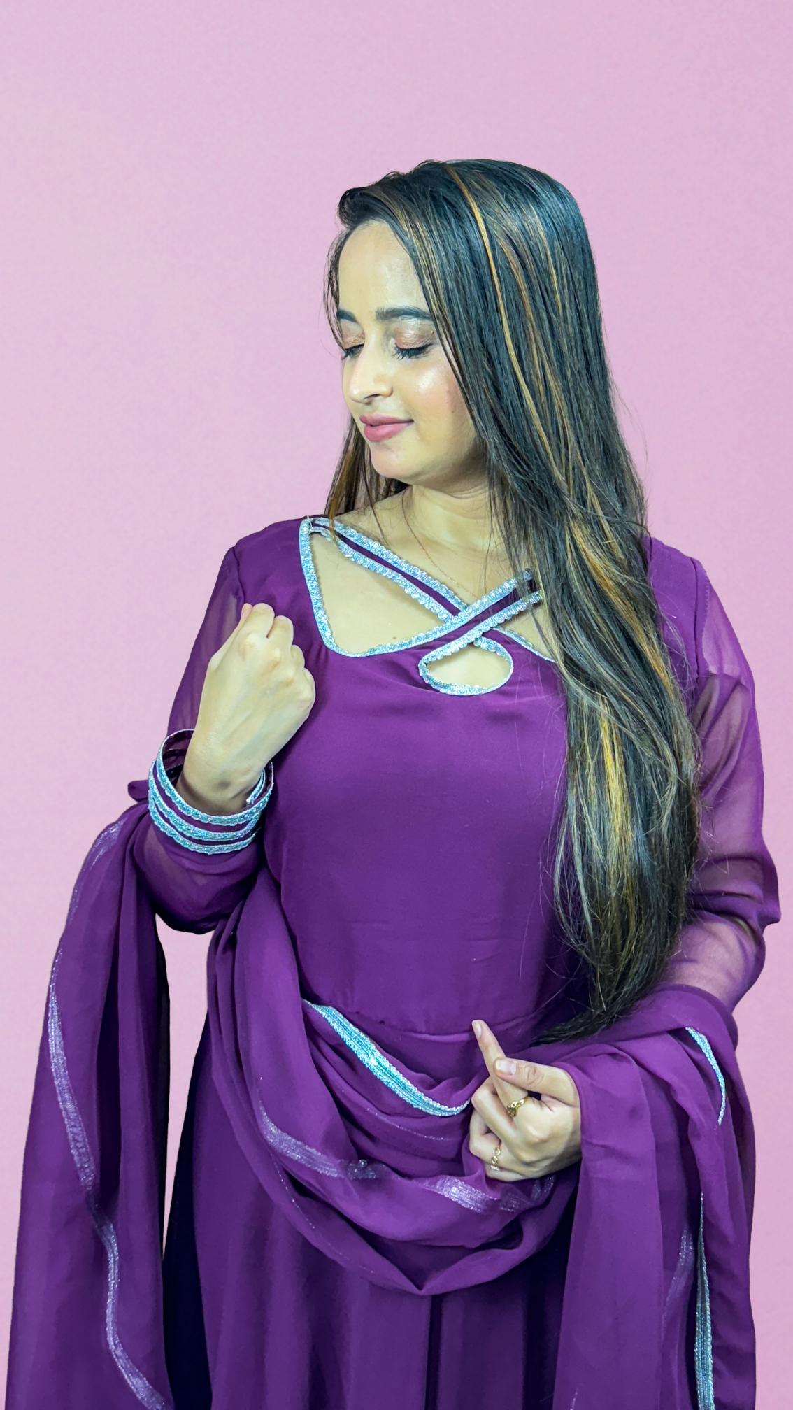 Plum Purple Lace-Trim Anarkali Set