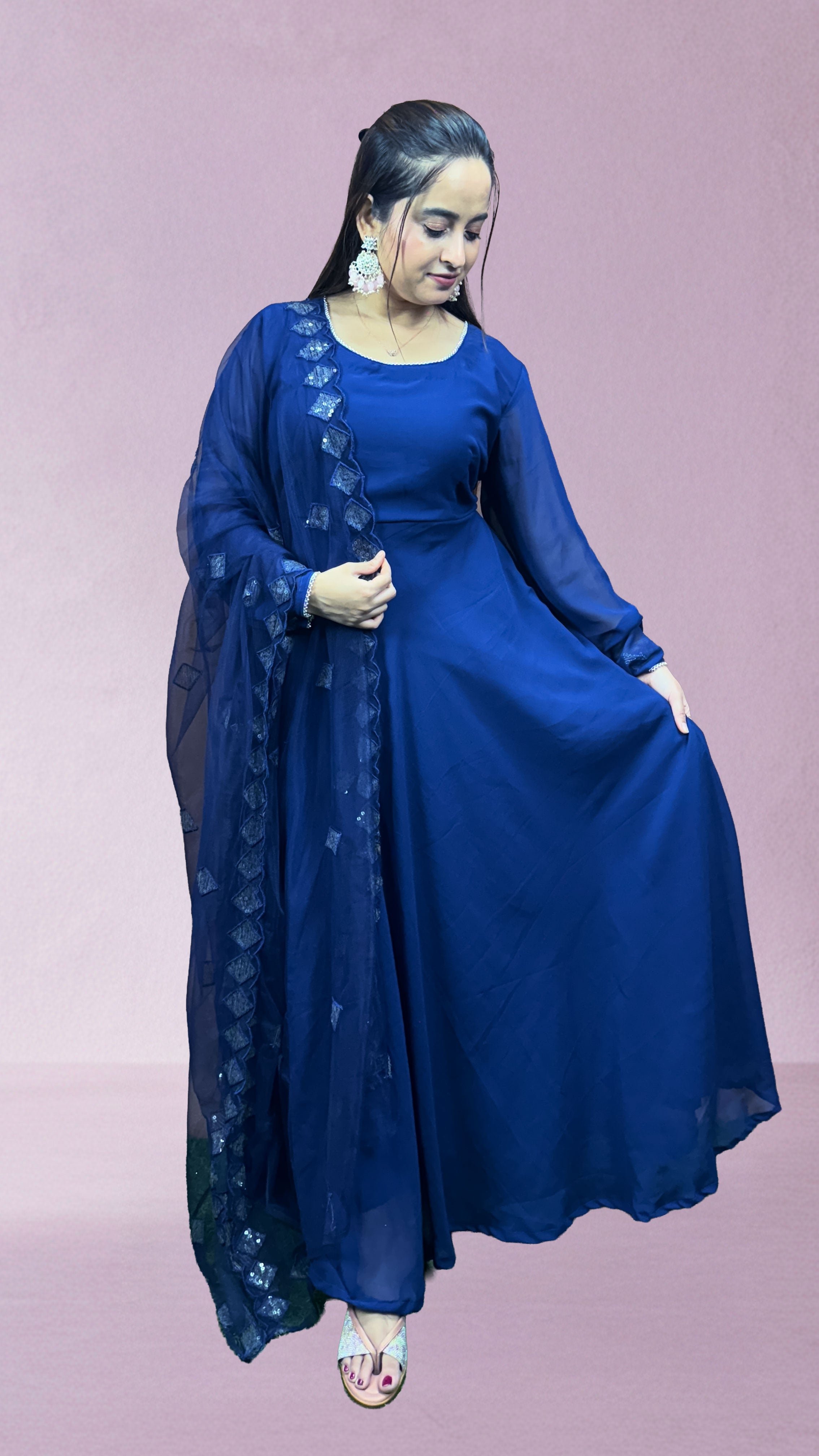 Navy Blue Georgette Net Dupatta Anarkali Set