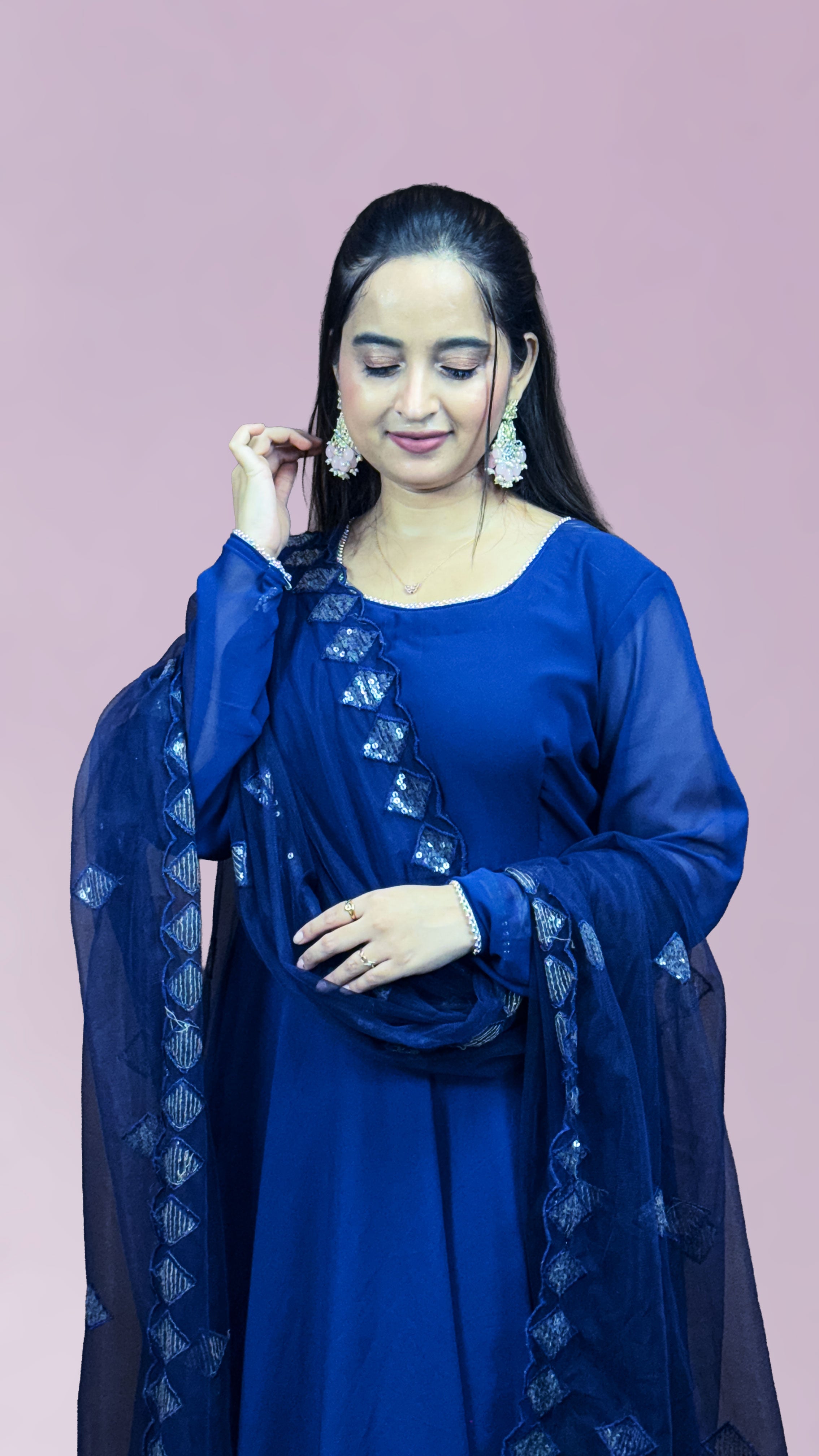 Navy Blue Georgette Net Dupatta Anarkali Set