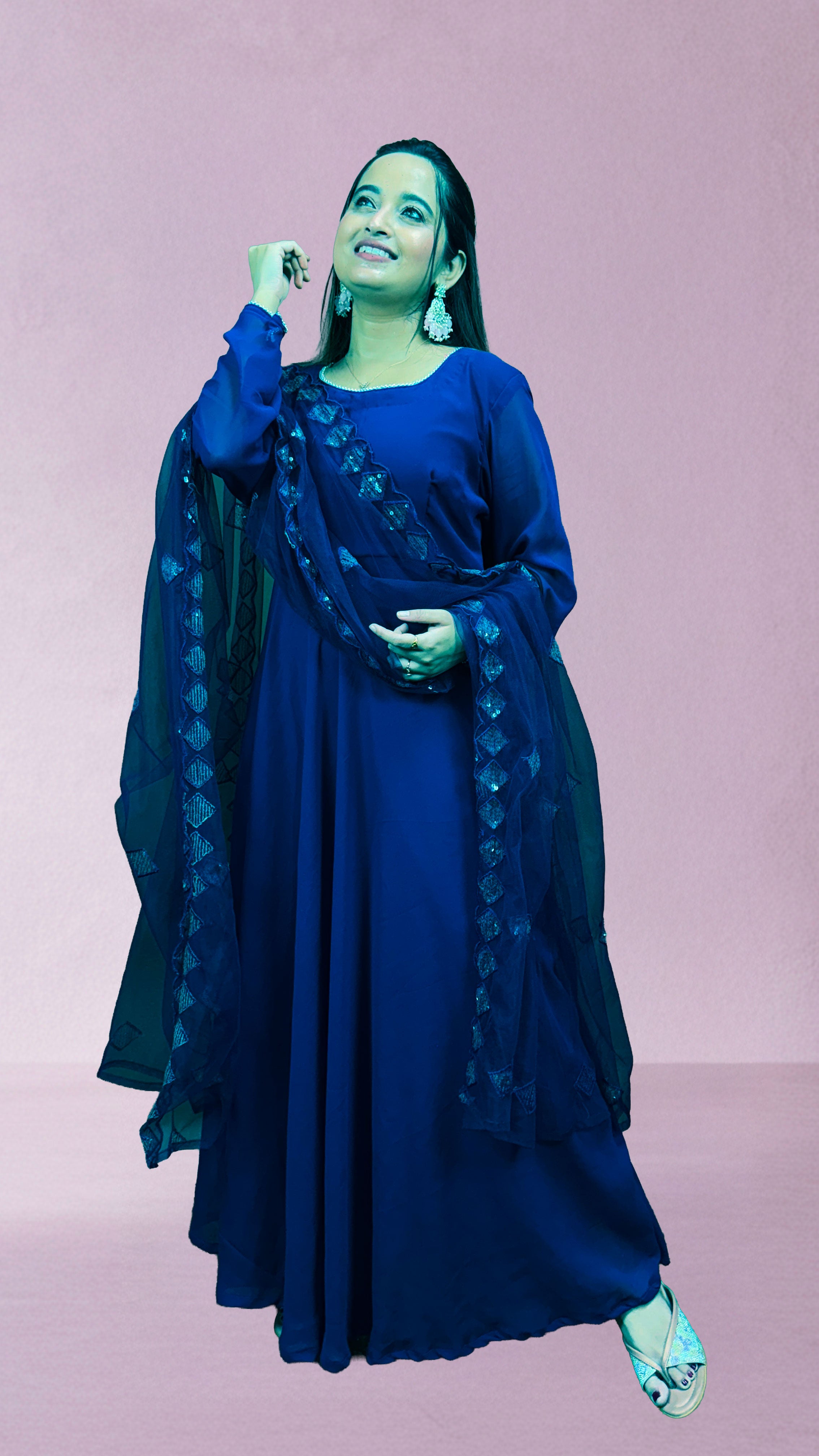 Navy Blue Georgette Net Dupatta Anarkali Set