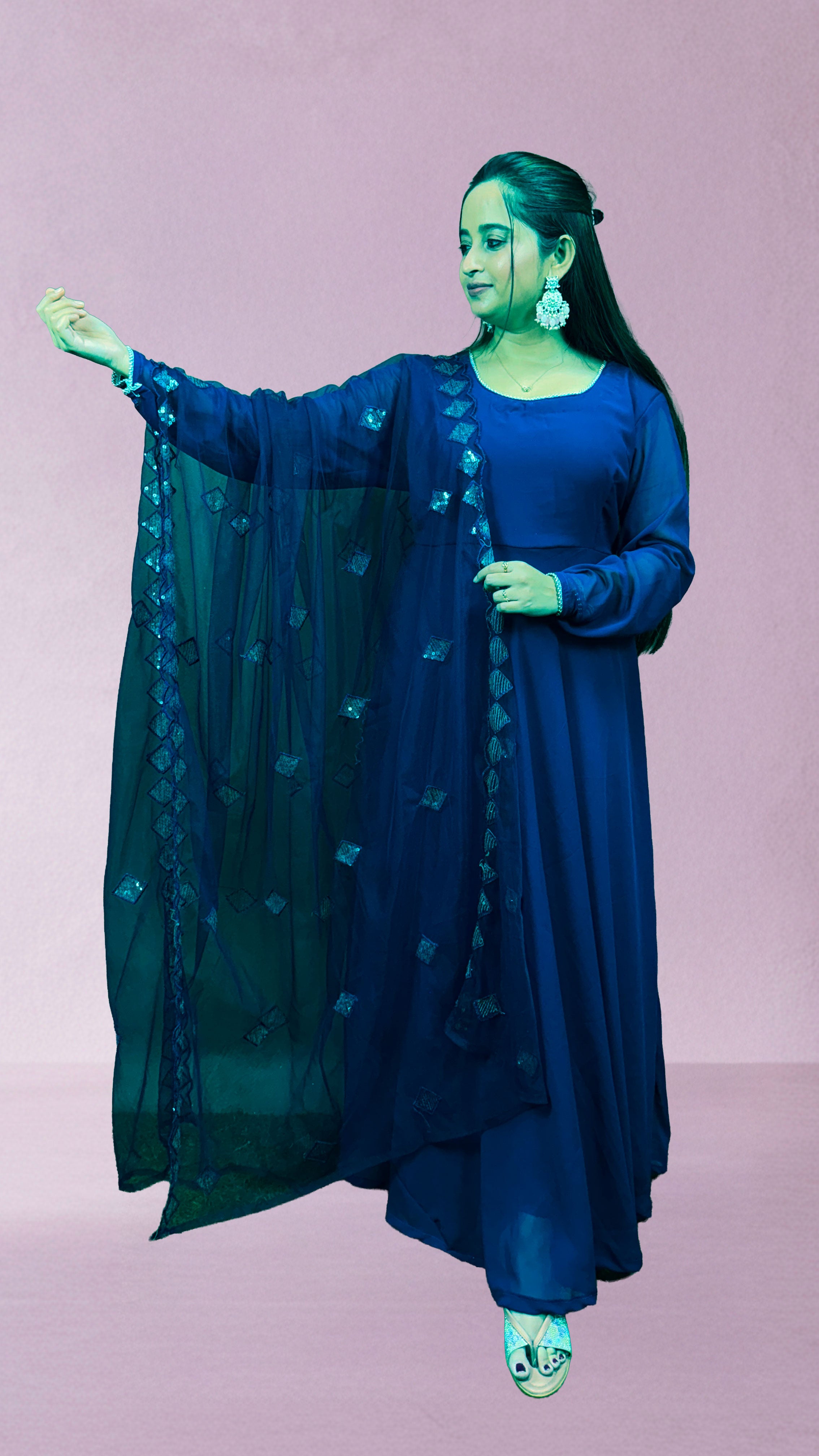 Navy Blue Georgette Net Dupatta Anarkali Set