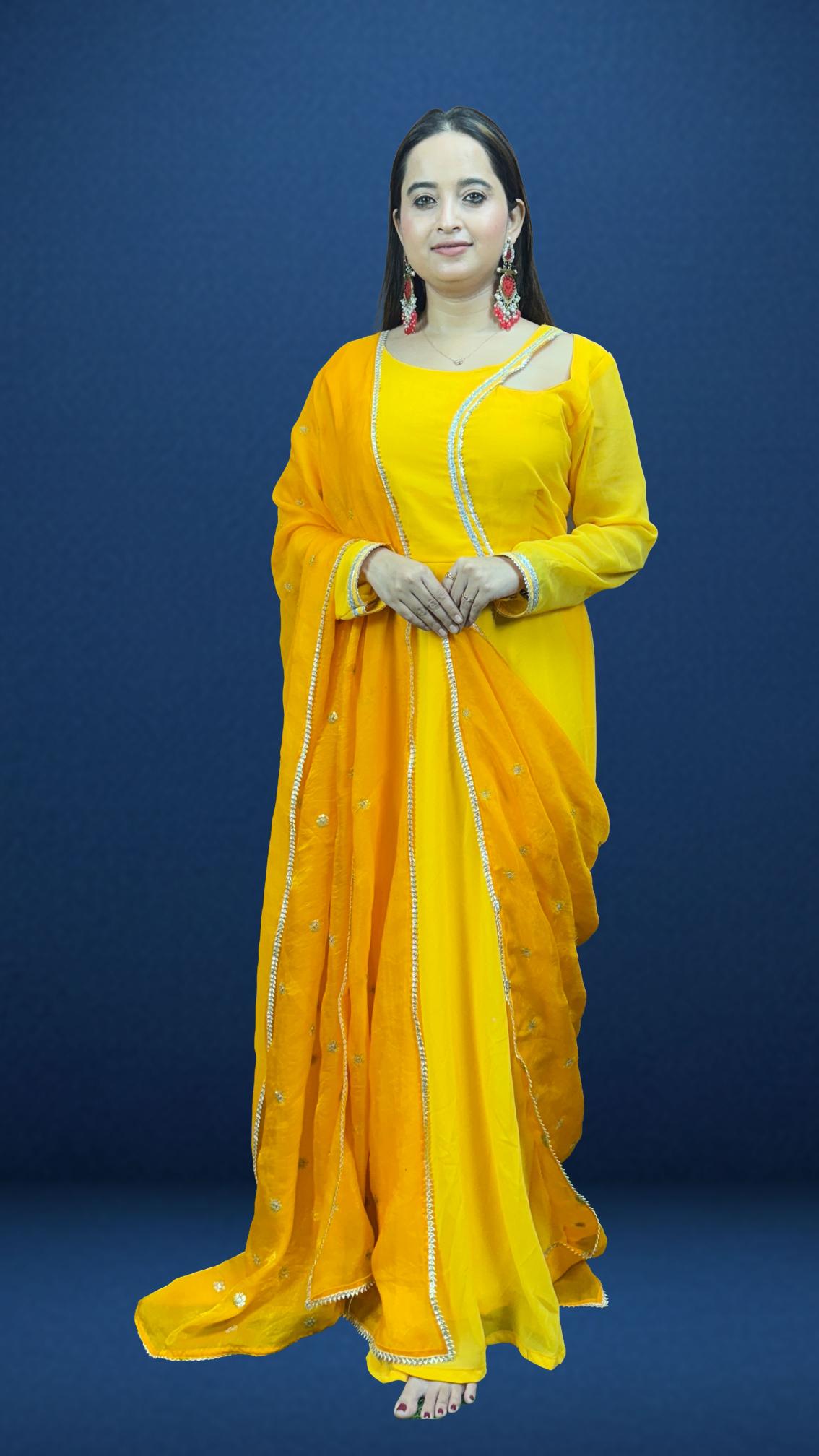 Bright Yellow Mirror-Trim Anarkali Set