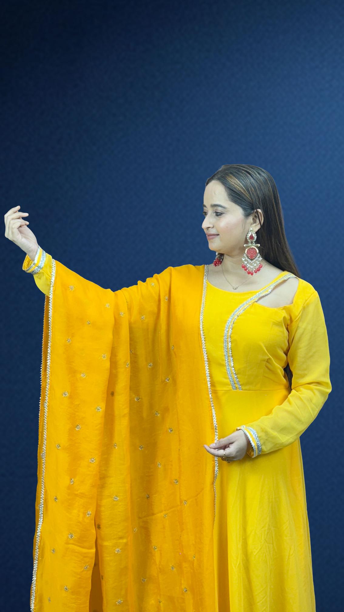 Bright Yellow Mirror-Trim Anarkali Set