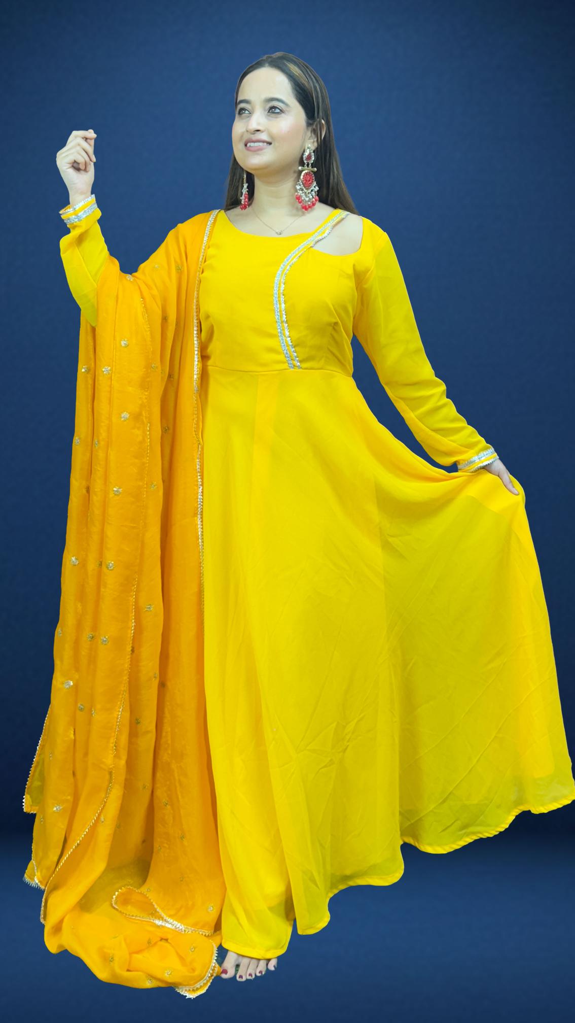 Bright Yellow Mirror-Trim Anarkali Set