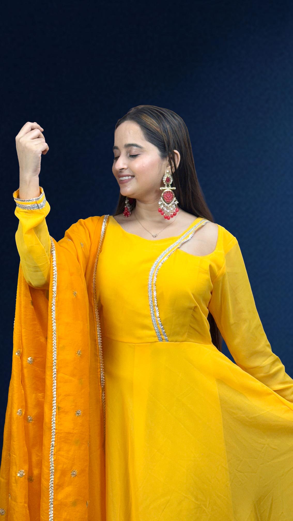 Bright Yellow Mirror-Trim Anarkali Set