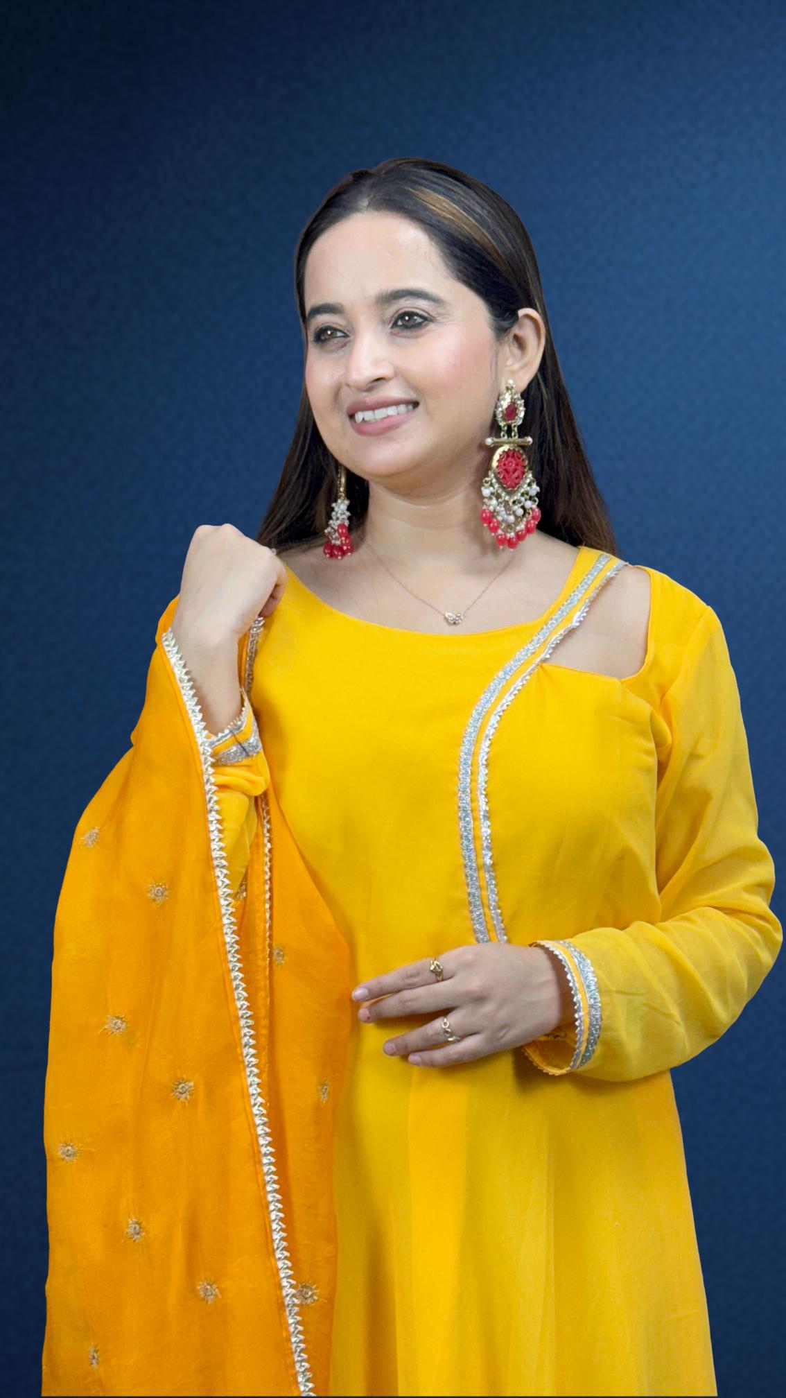 Bright Yellow Mirror-Trim Anarkali Set