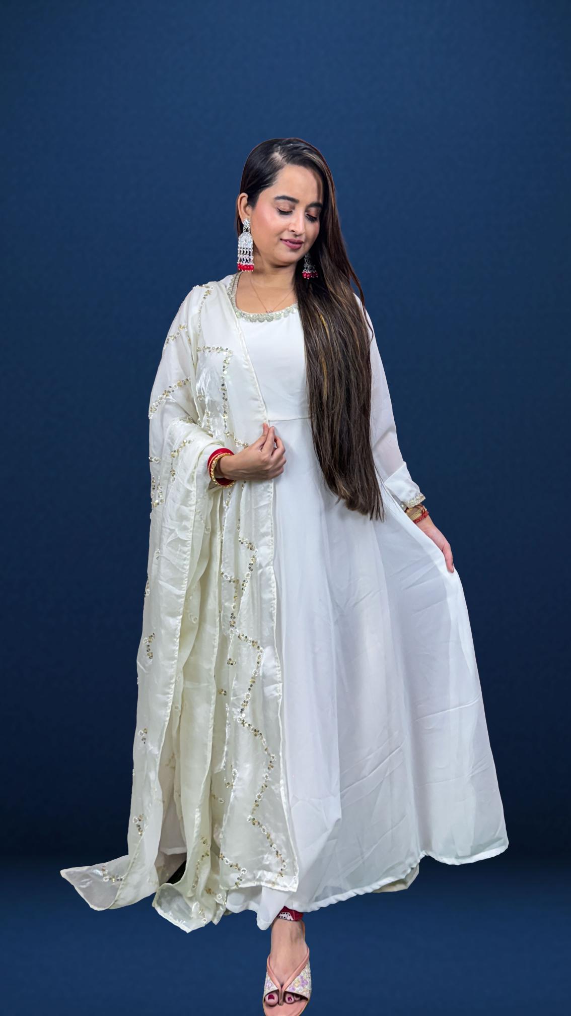 Elegant White Sequin Dupatta Anarkali Set