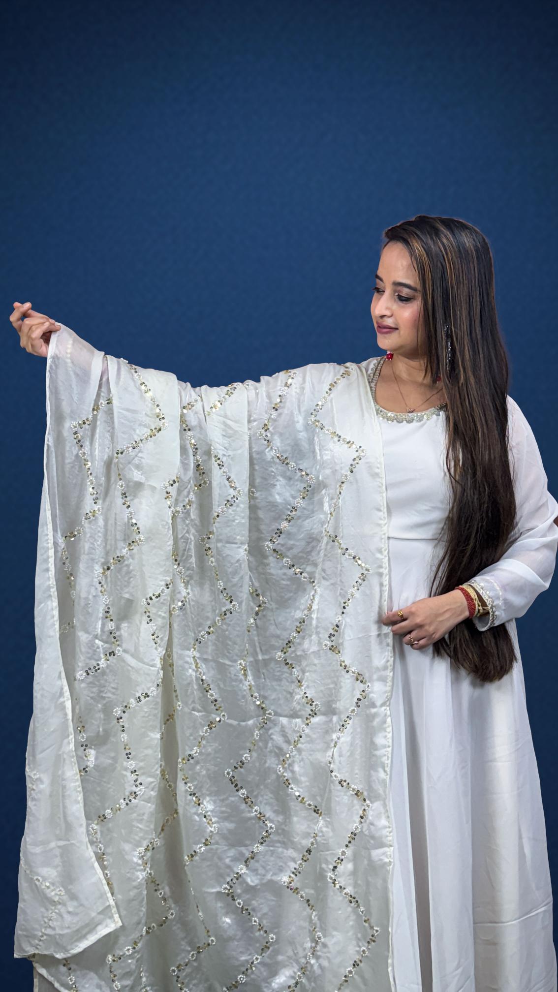 Elegant White Sequin Dupatta Anarkali Set