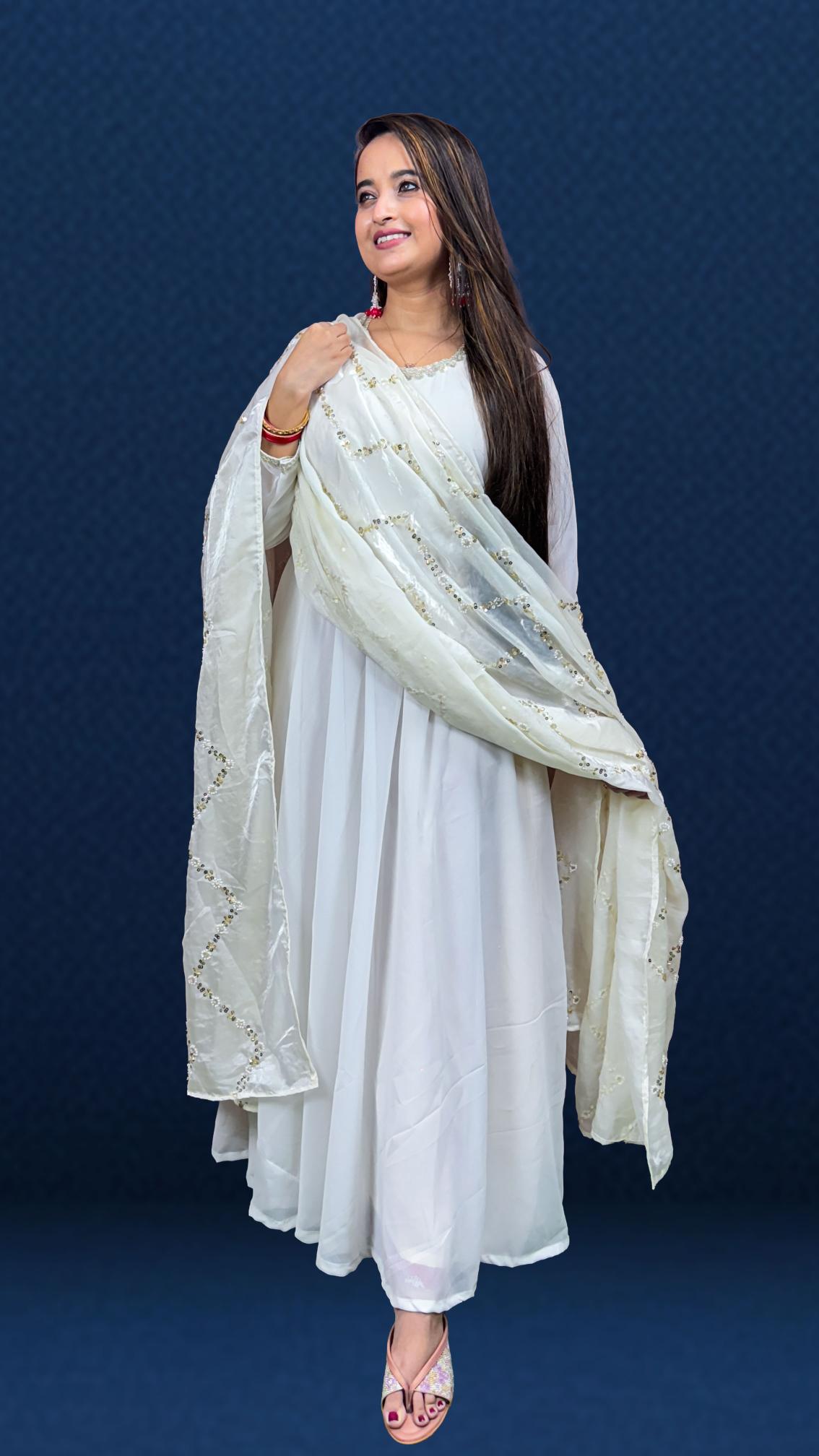 Elegant White Sequin Dupatta Anarkali Set