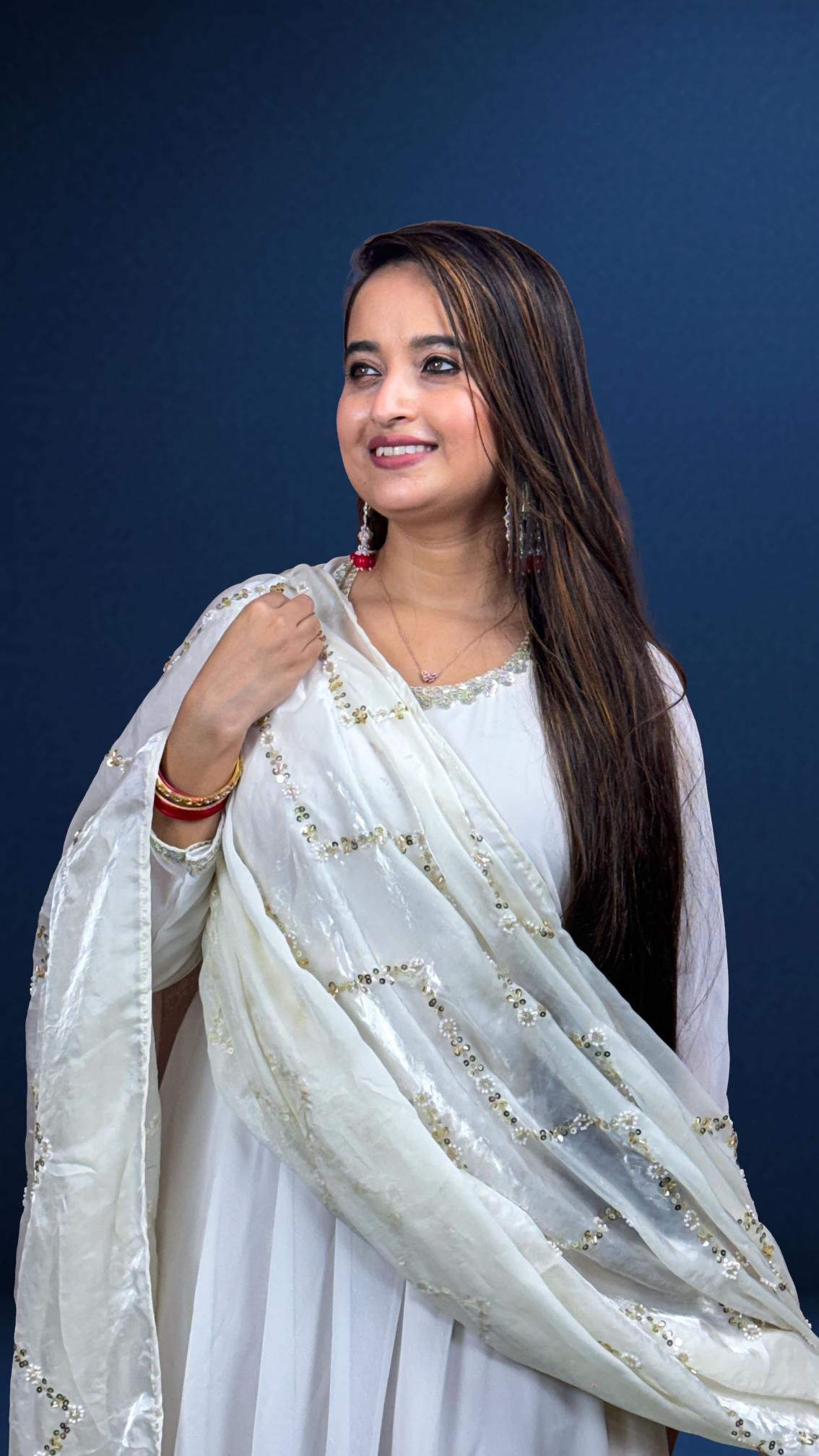 Elegant White Sequin Dupatta Anarkali Set