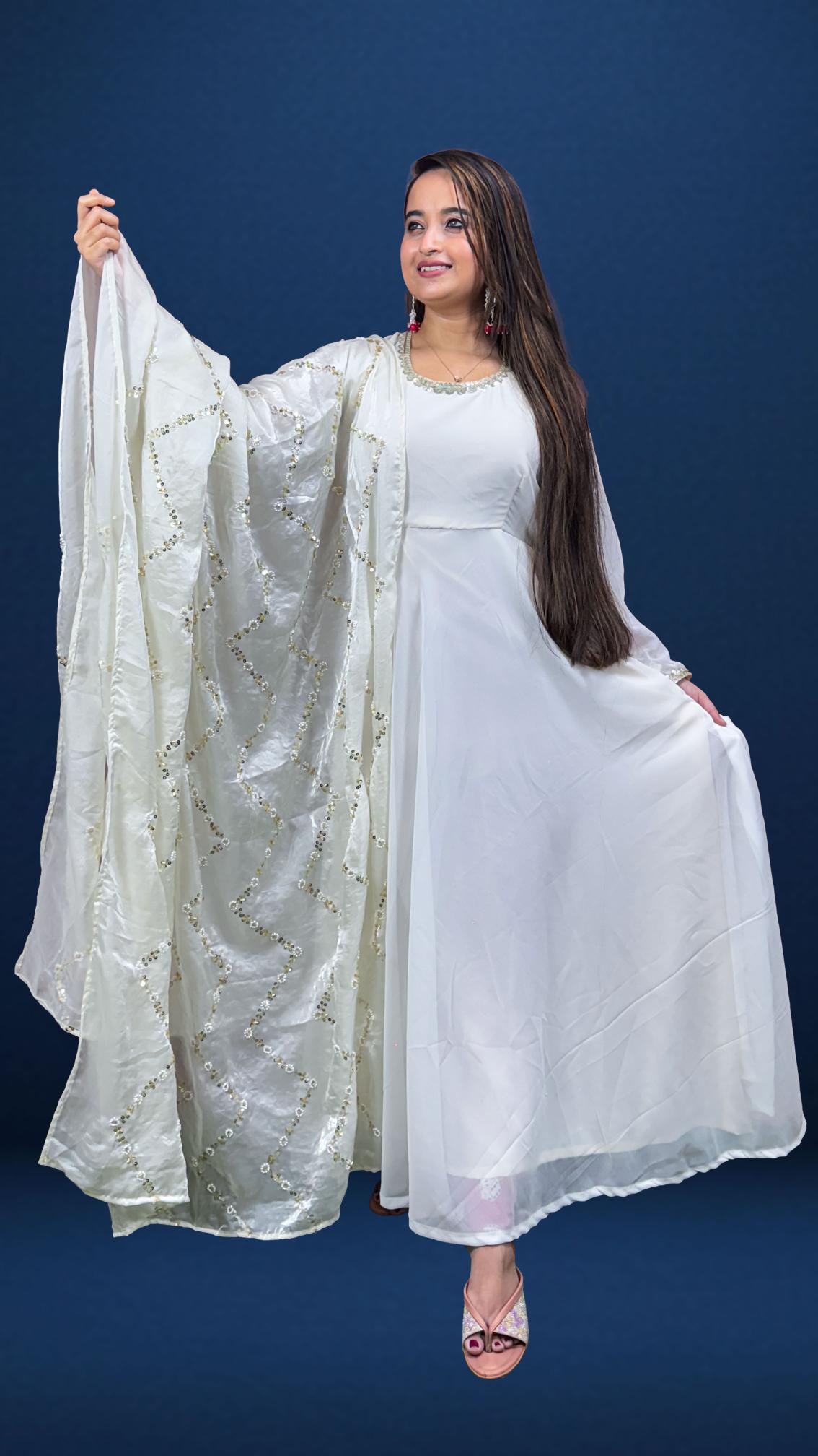 Elegant White Sequin Dupatta Anarkali Set