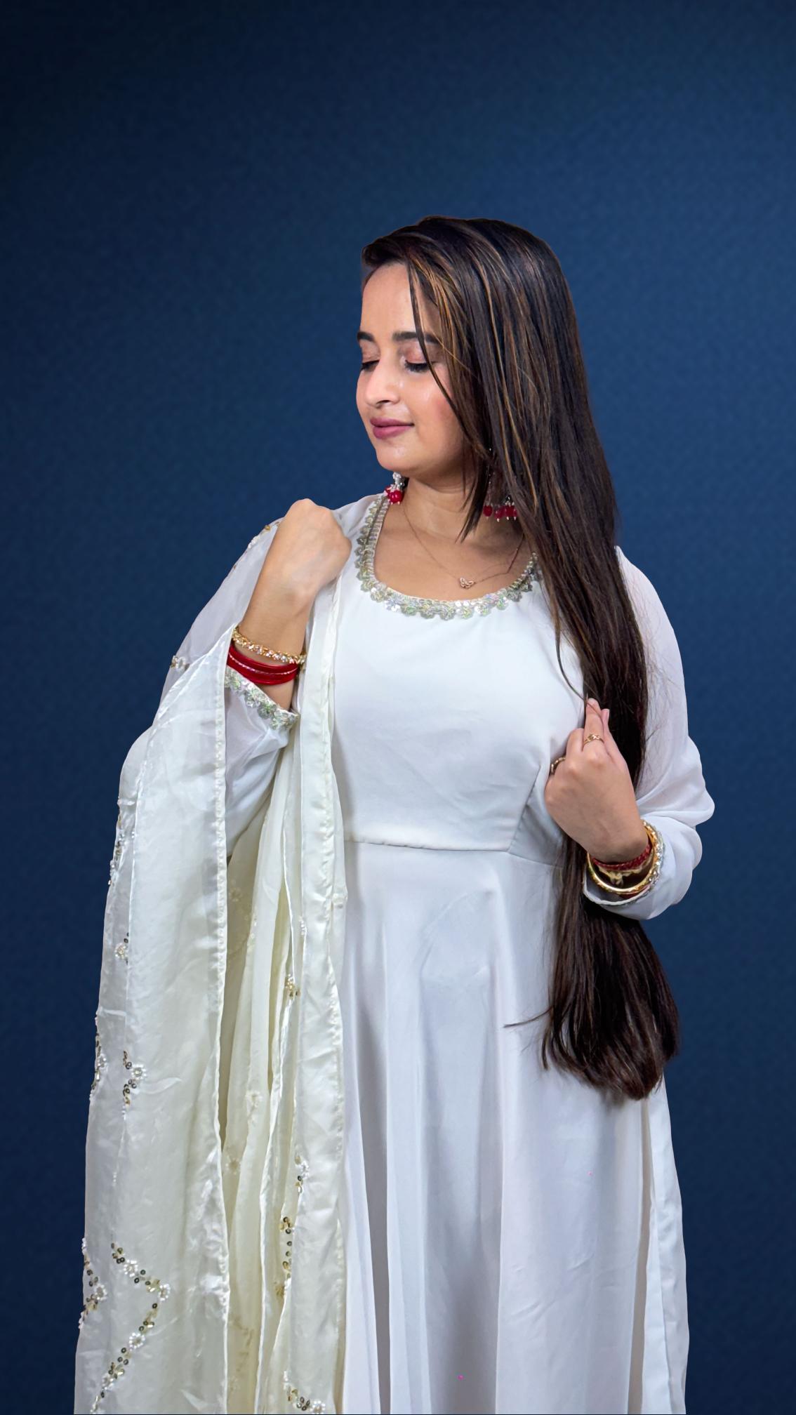 Elegant White Sequin Dupatta Anarkali Set