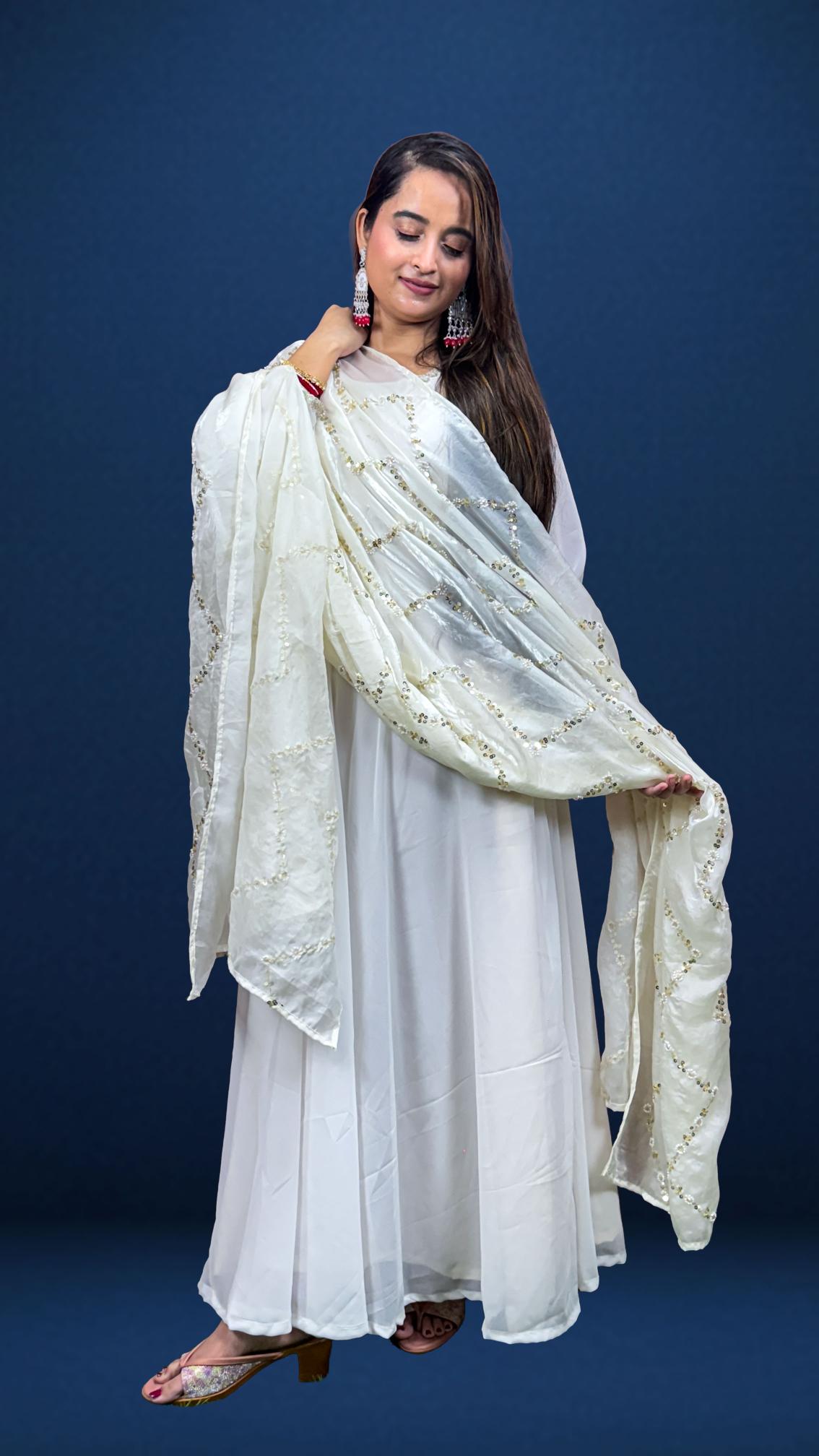 Elegant White Sequin Dupatta Anarkali Set