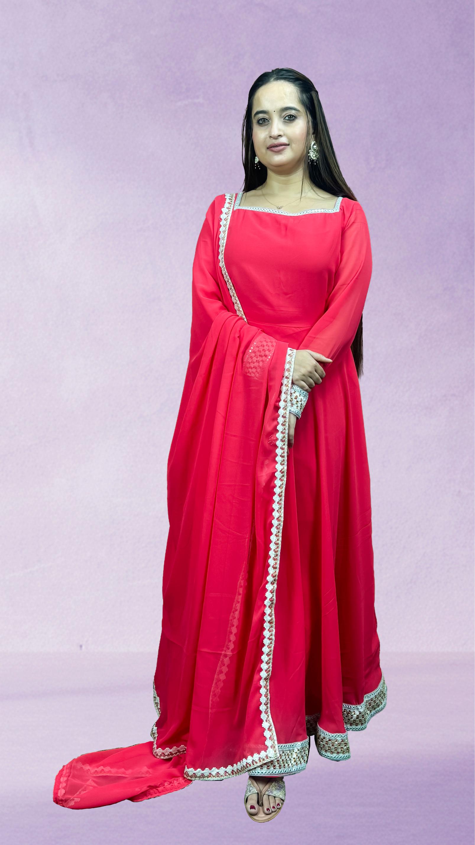 Coral Pink Lace-Trim Anarkali Set