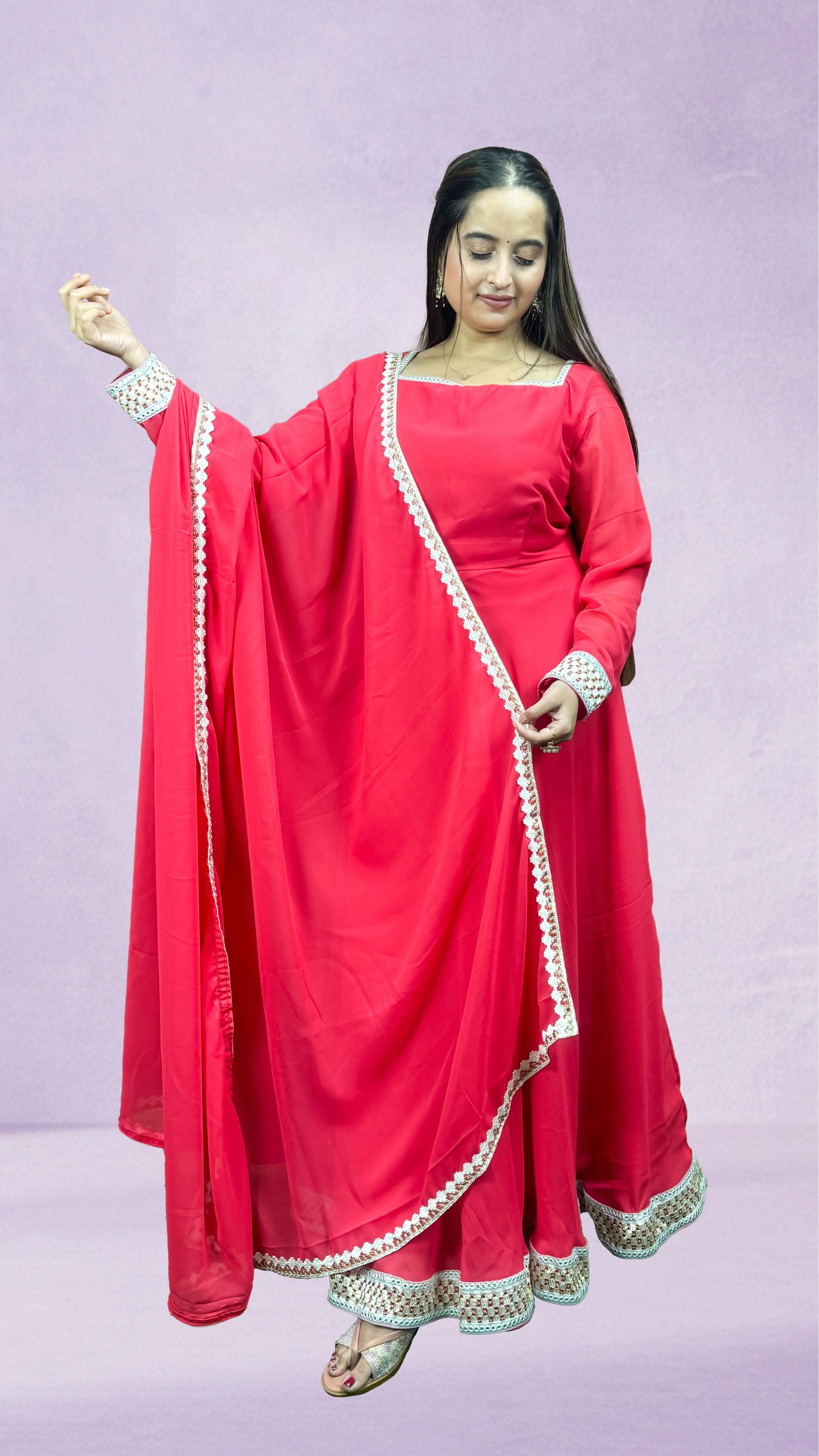 Coral Pink Lace-Trim Anarkali Set