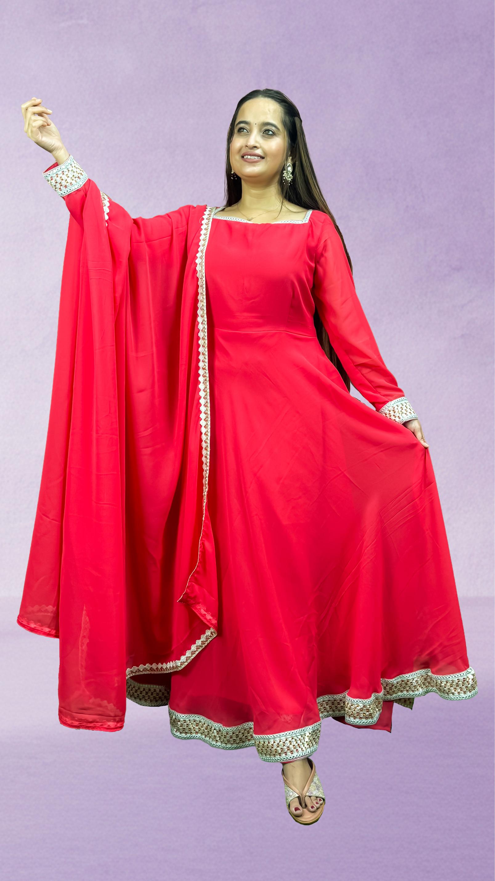 Coral Pink Lace-Trim Anarkali Set