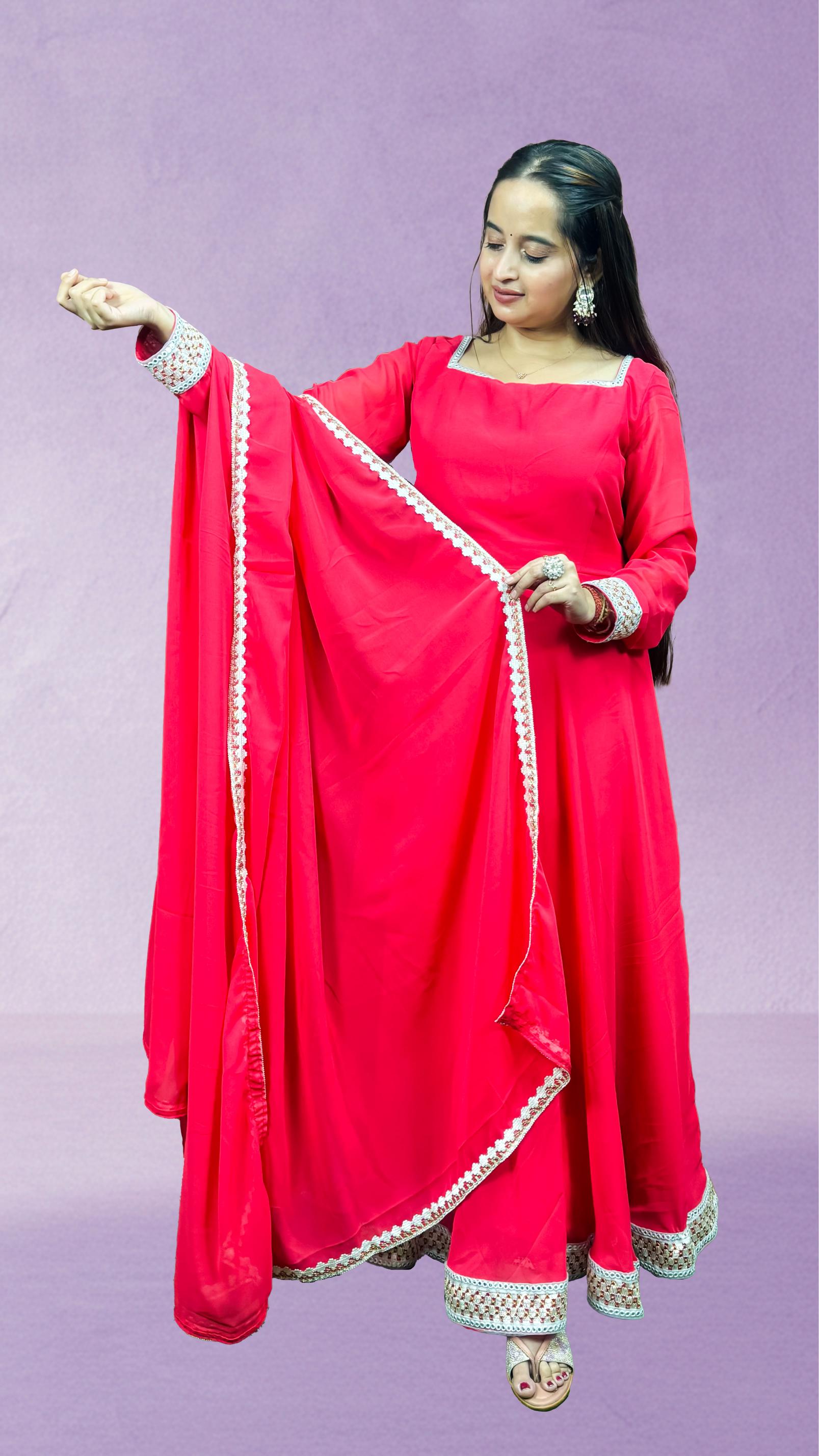 Coral Pink Lace-Trim Anarkali Set