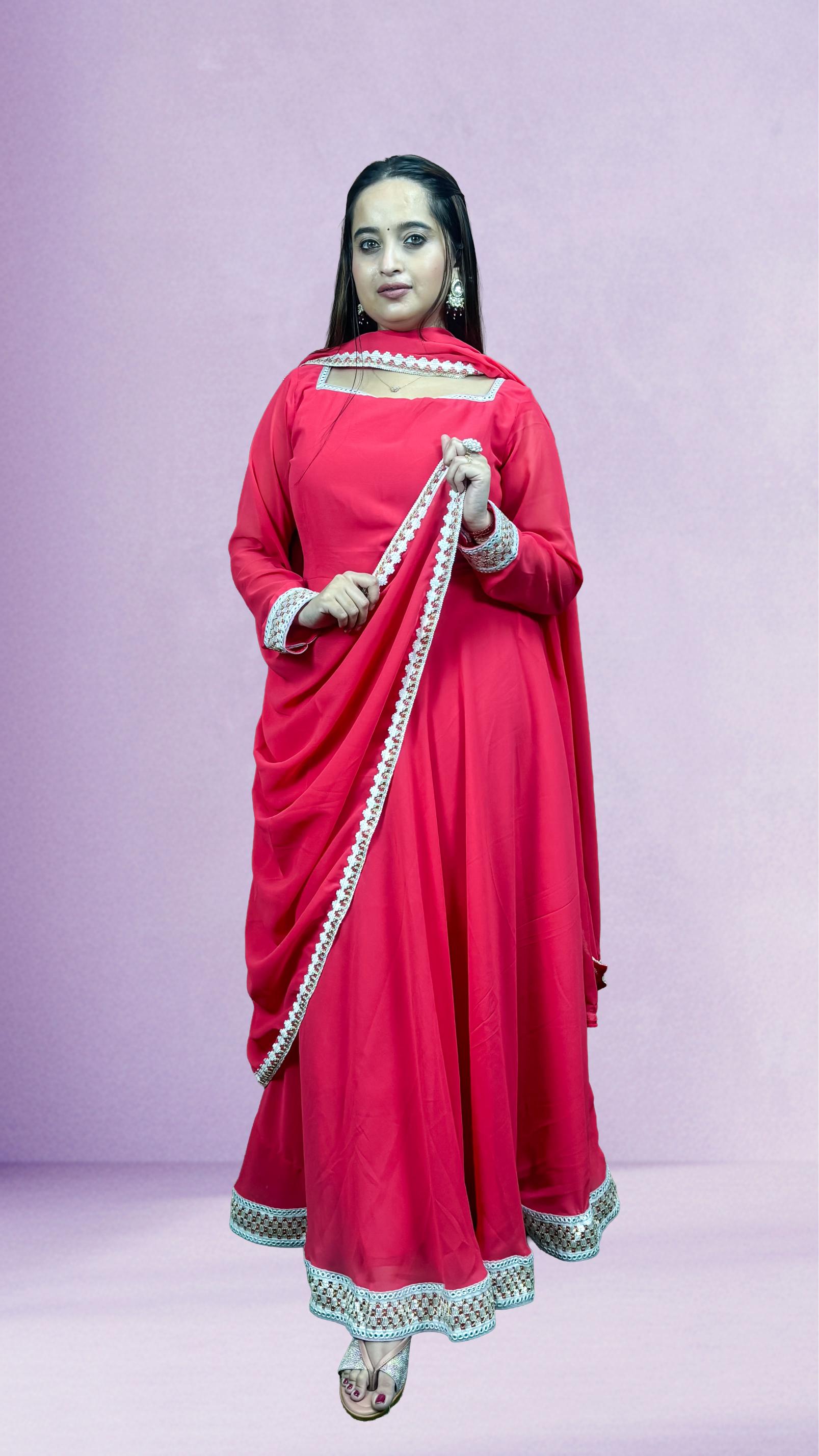 Coral Pink Lace-Trim Anarkali Set