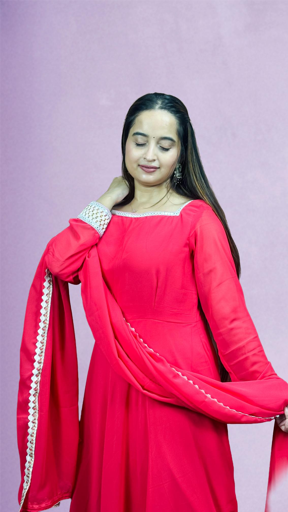 Coral Pink Lace-Trim Anarkali Set