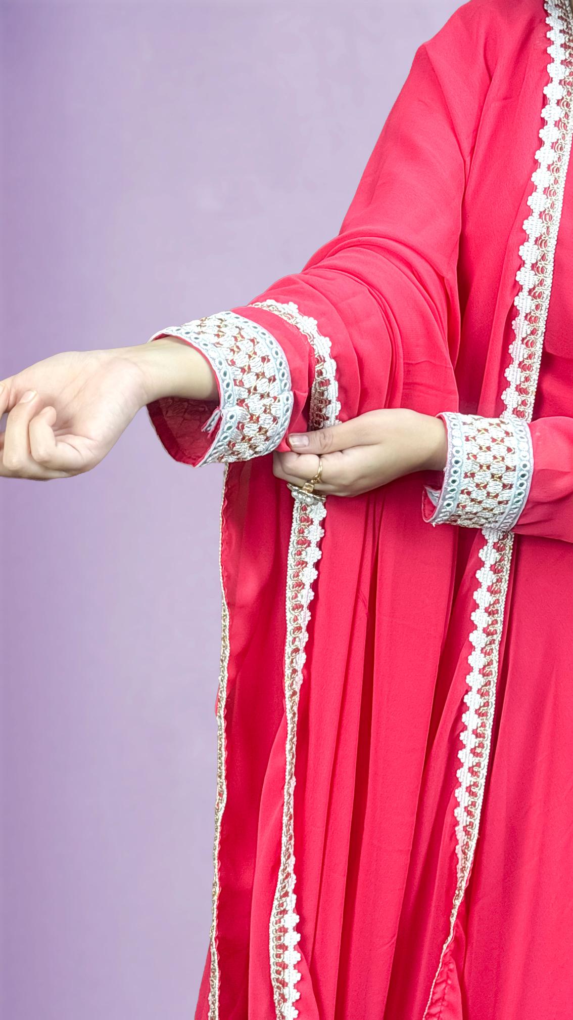 Coral Pink Lace-Trim Anarkali Set
