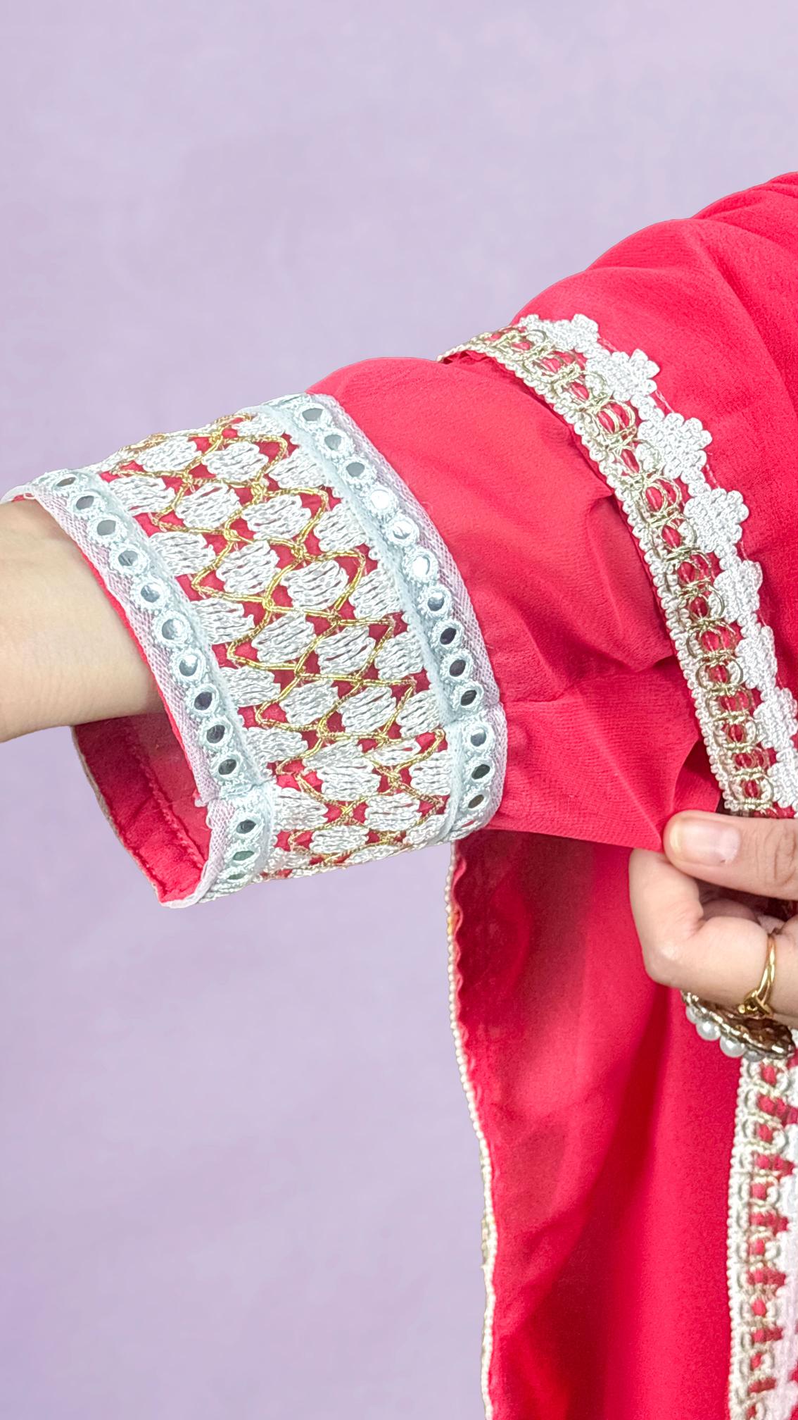 Coral Pink Lace-Trim Anarkali Set
