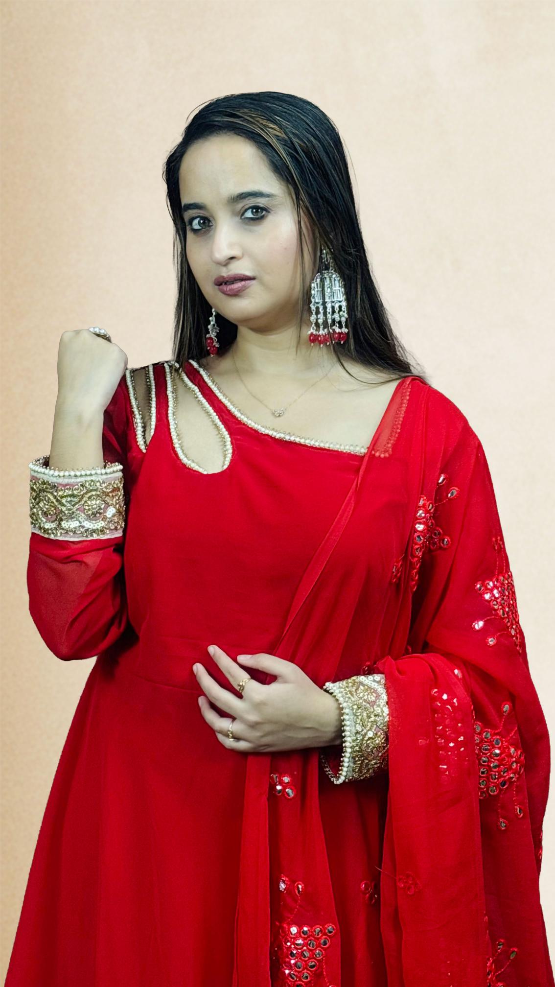Red Golden Border Festive Anarkali Set