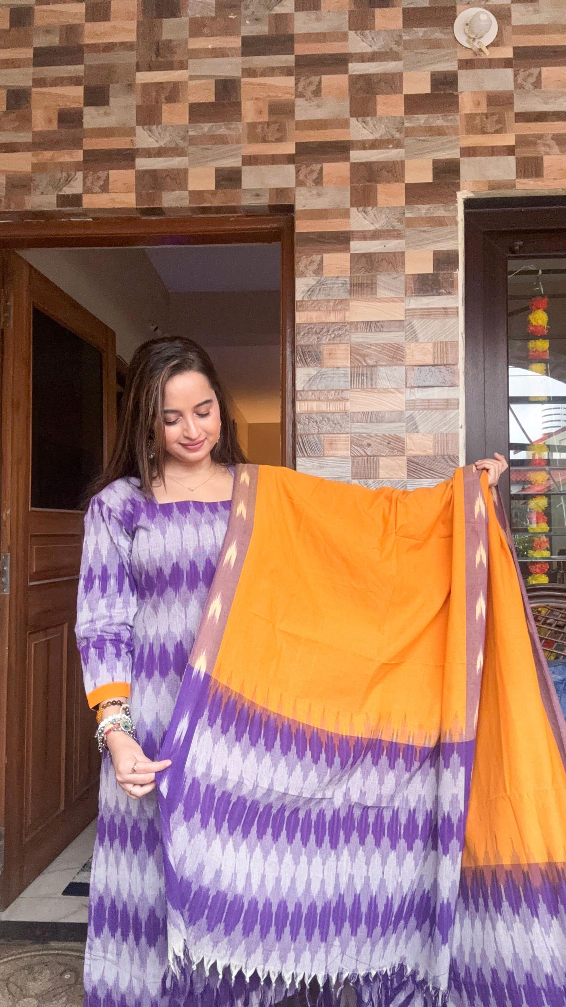 Purple Sambalpuri Ikat Kurti Set with Mustard Dupatta