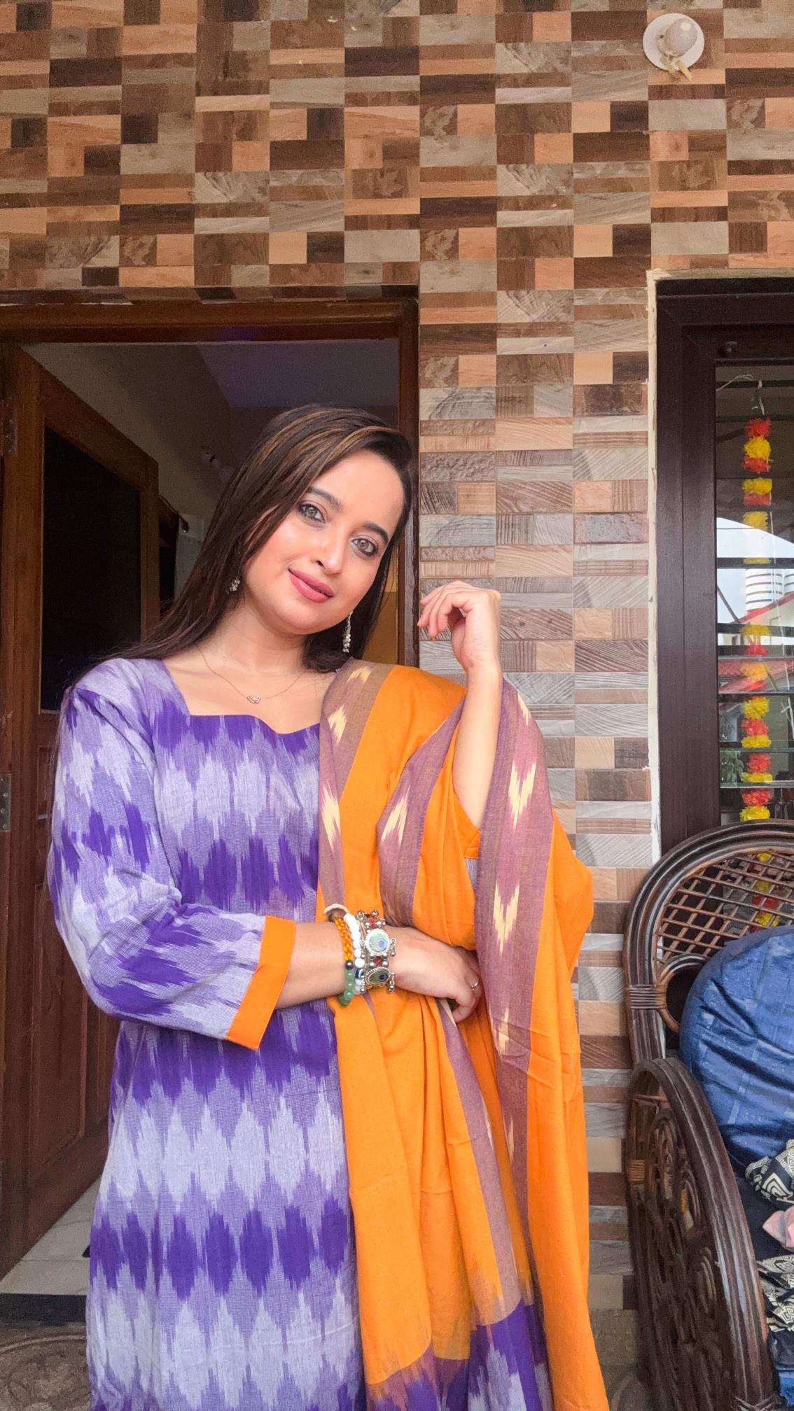 Purple Sambalpuri Ikat Kurti Set with Mustard Dupatta