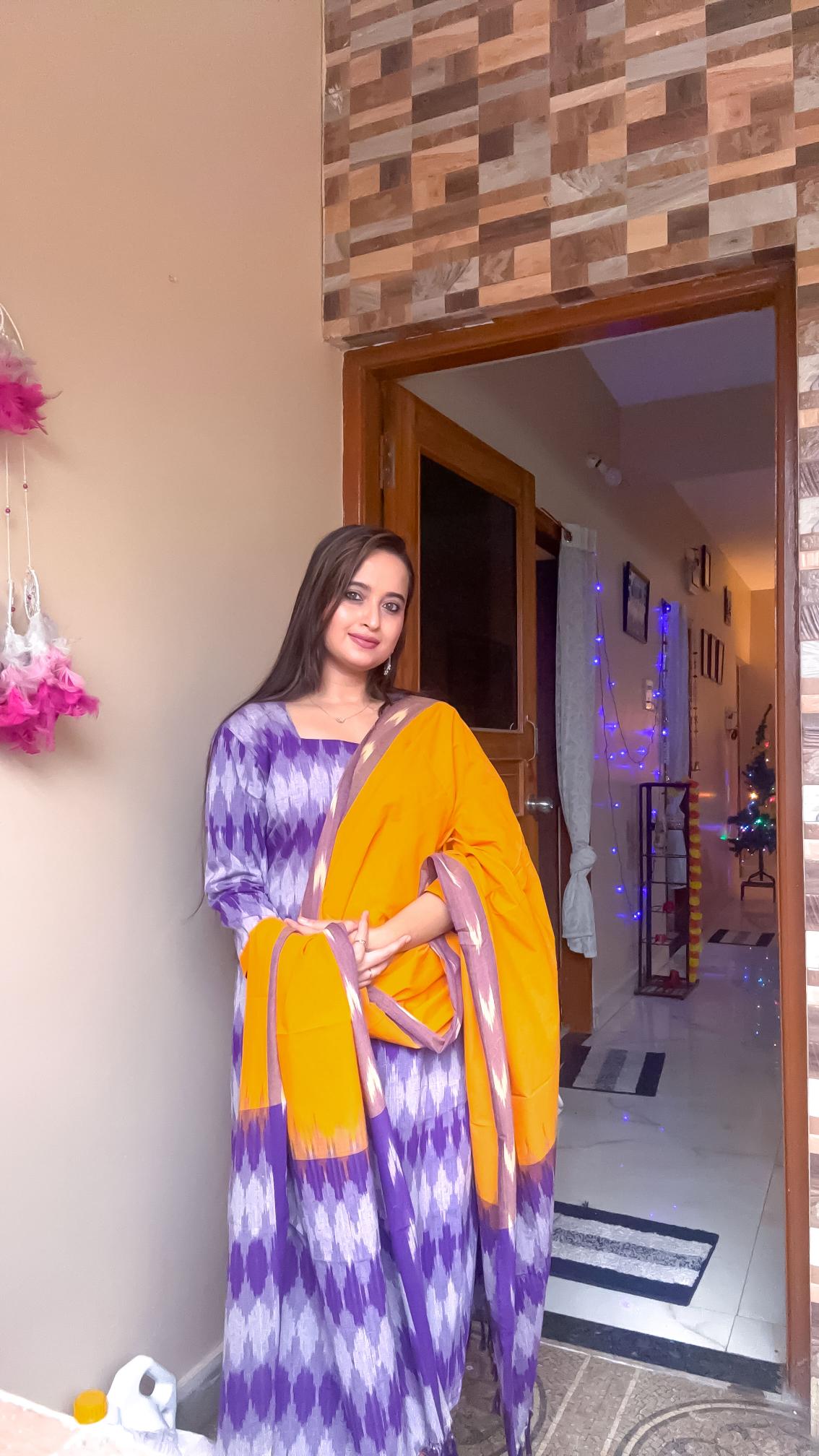 Purple Sambalpuri Ikat Kurti Set with Mustard Dupatta