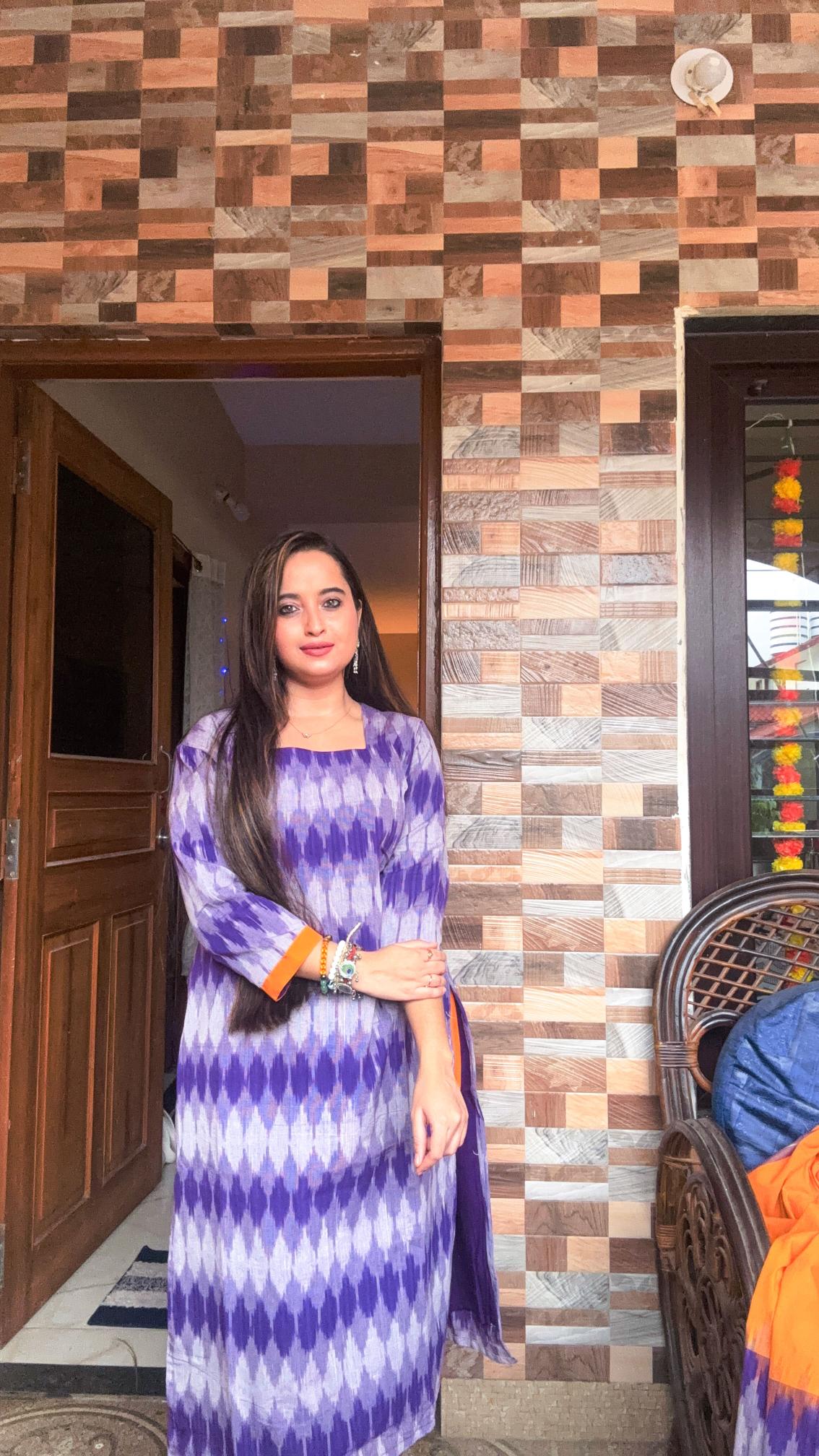 Purple Sambalpuri Ikat Kurti Set with Mustard Dupatta