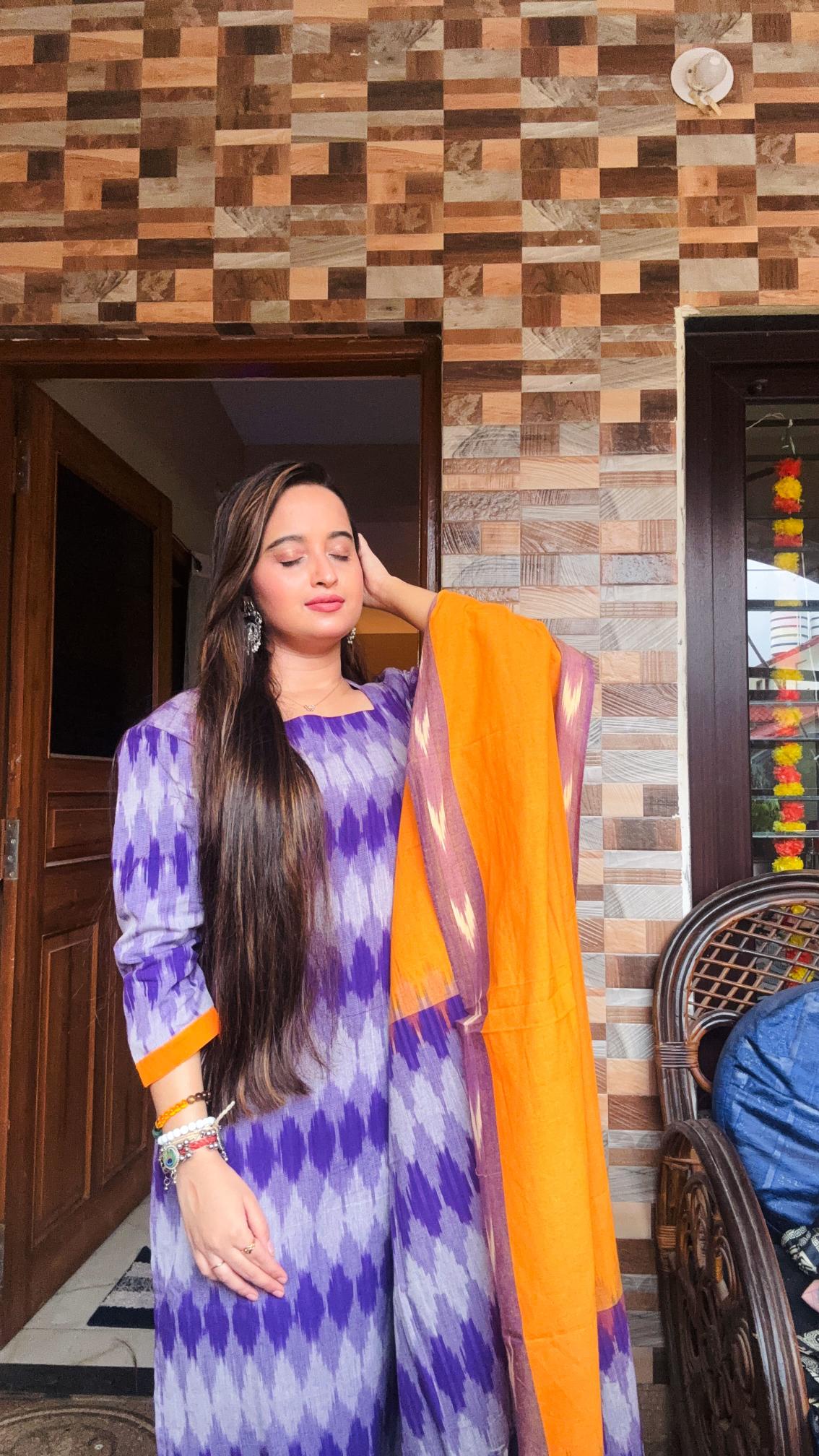 Purple Sambalpuri Ikat Kurti Set with Mustard Dupatta