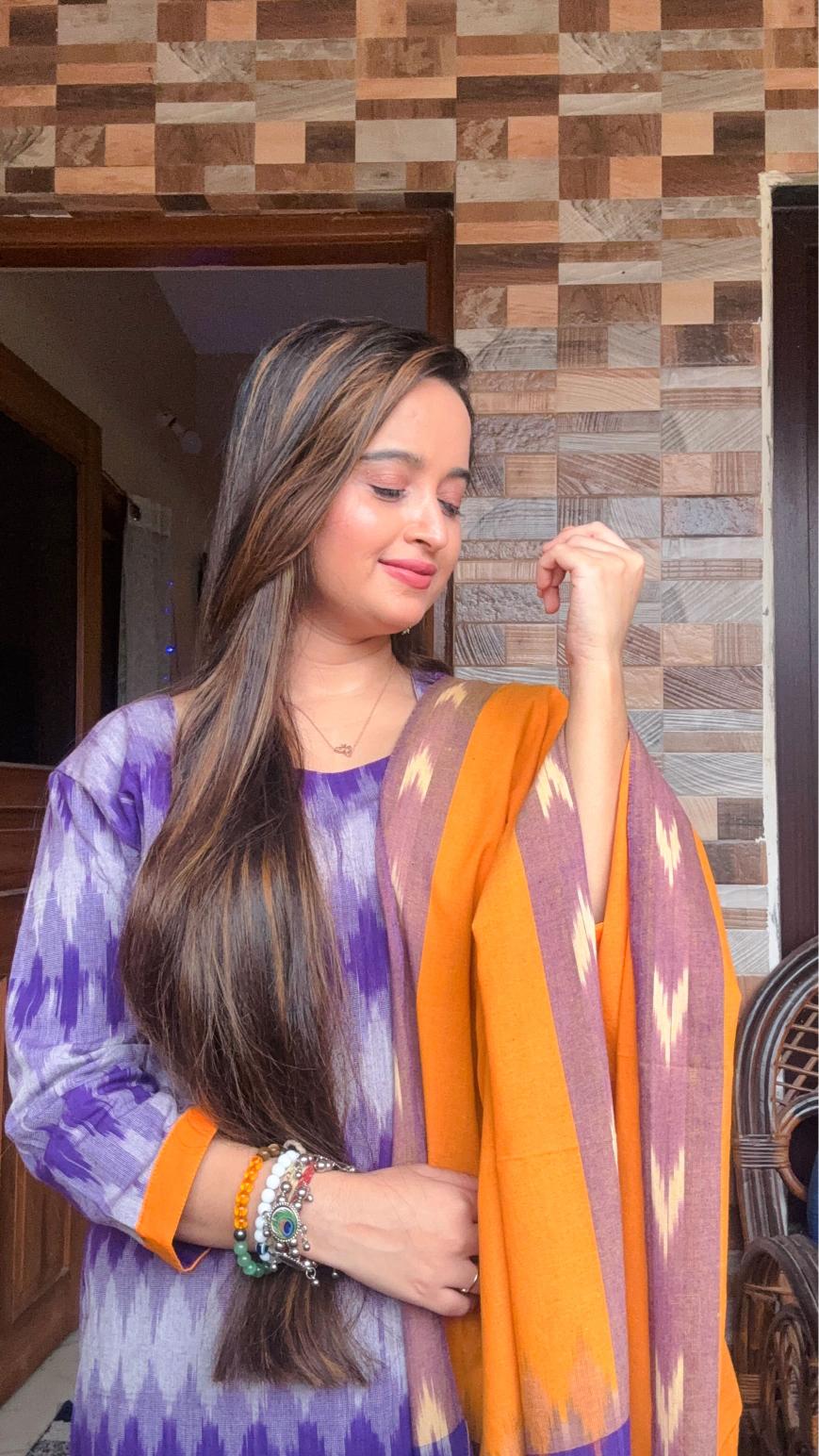 Purple Sambalpuri Ikat Kurti Set with Mustard Dupatta