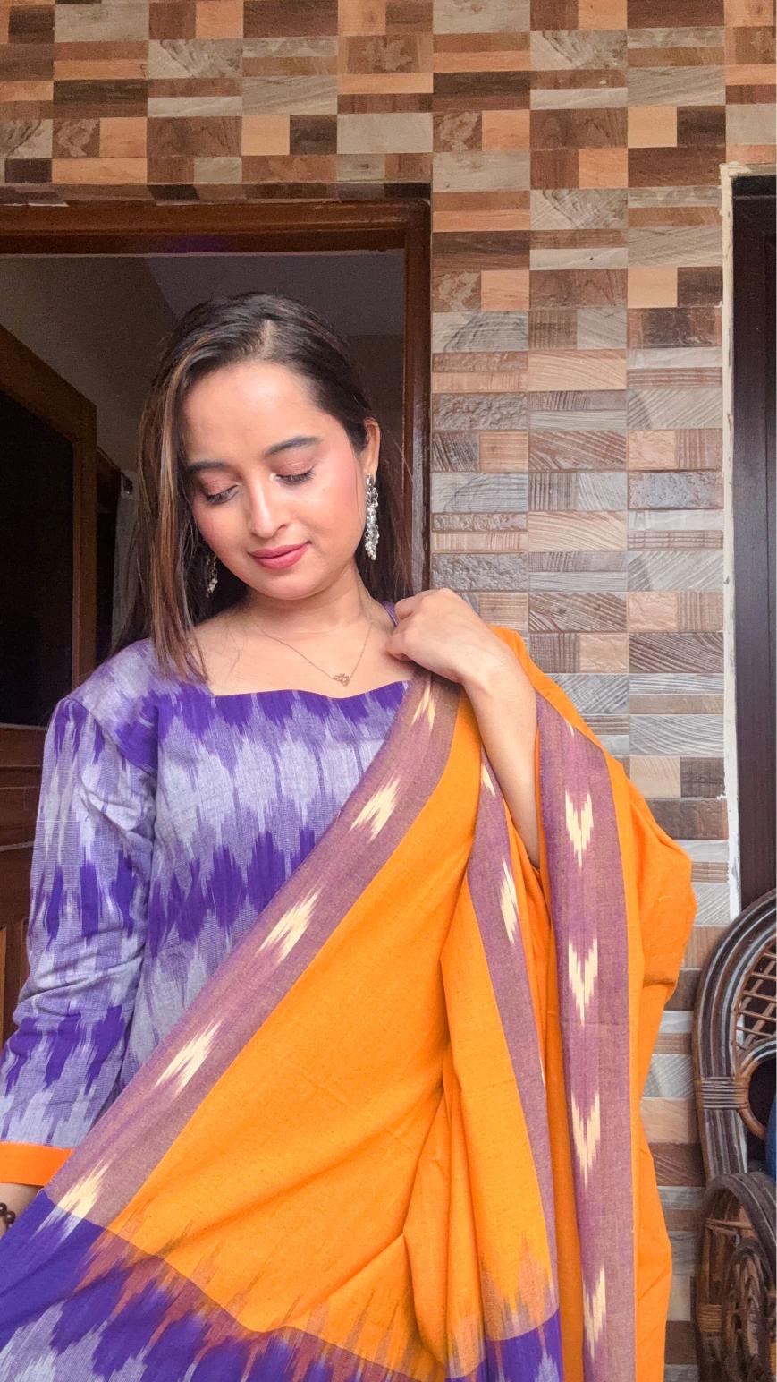 Purple Sambalpuri Ikat Kurti Set with Mustard Dupatta