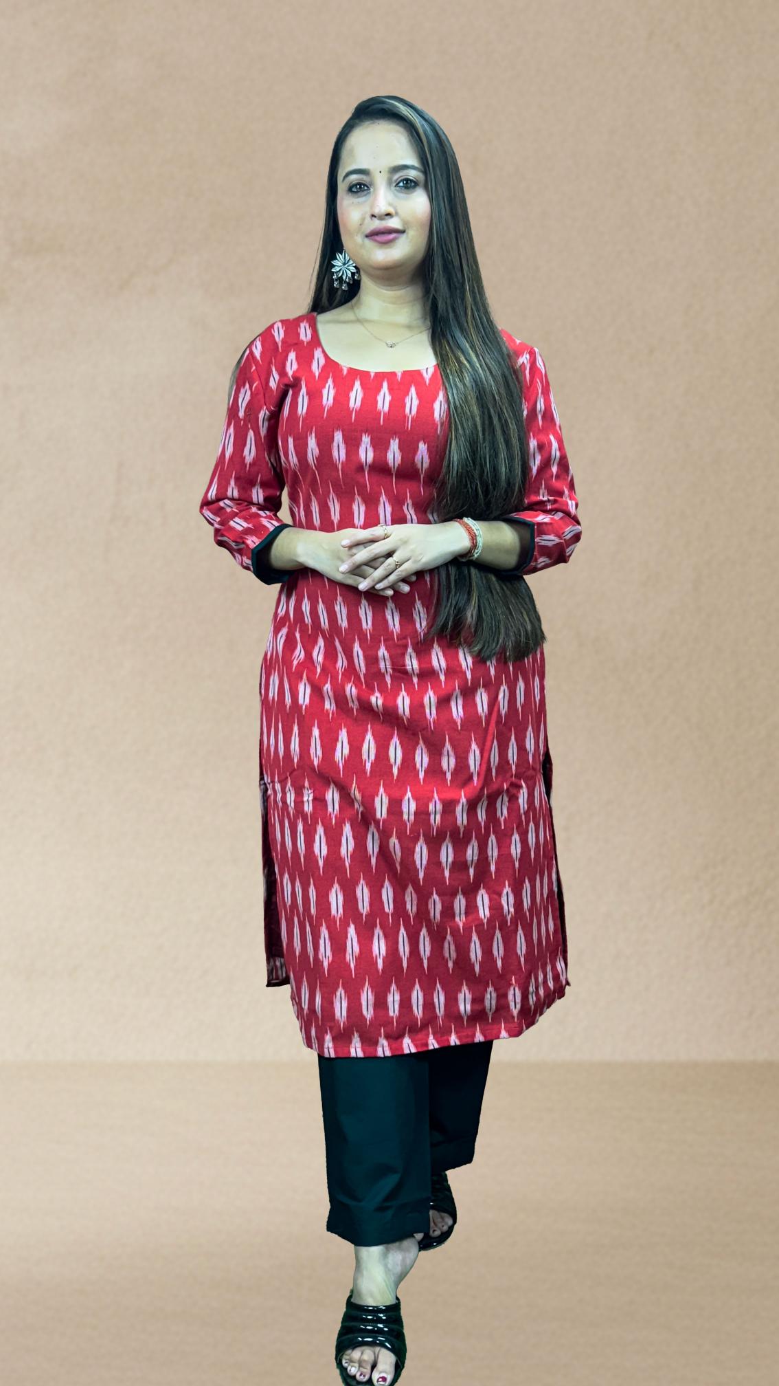 Red Sambalpuri Ikat Kurti Set with Cotton Dupatta