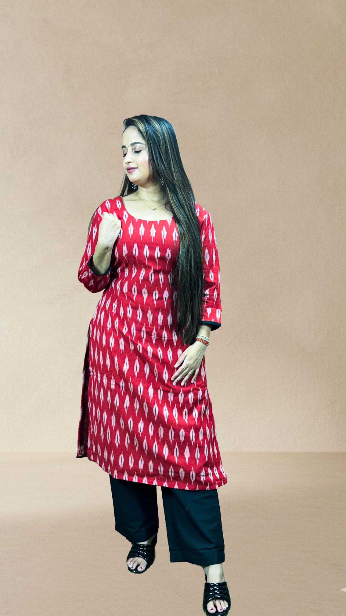 Red Sambalpuri Ikat Kurti Set with Cotton Dupatta