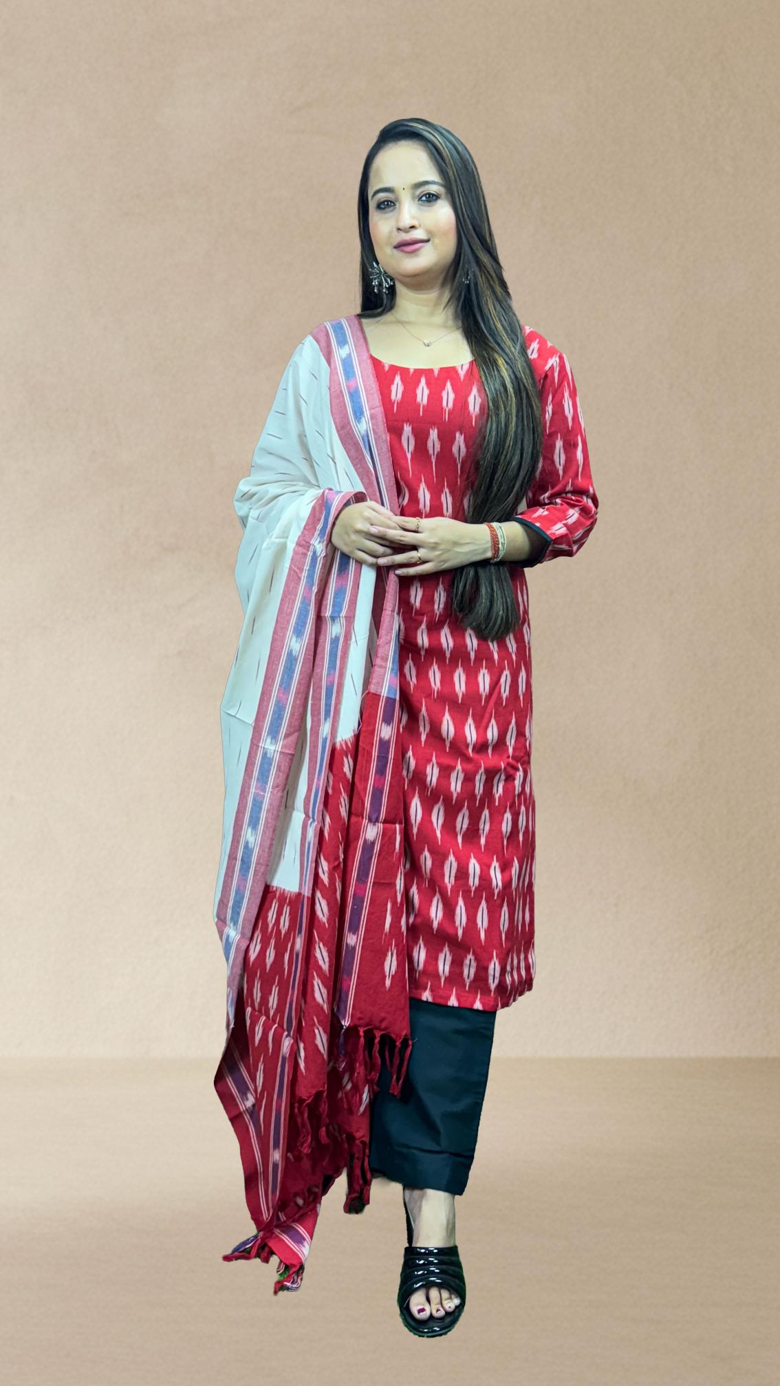 Red Sambalpuri Ikat Kurti Set with Cotton Dupatta