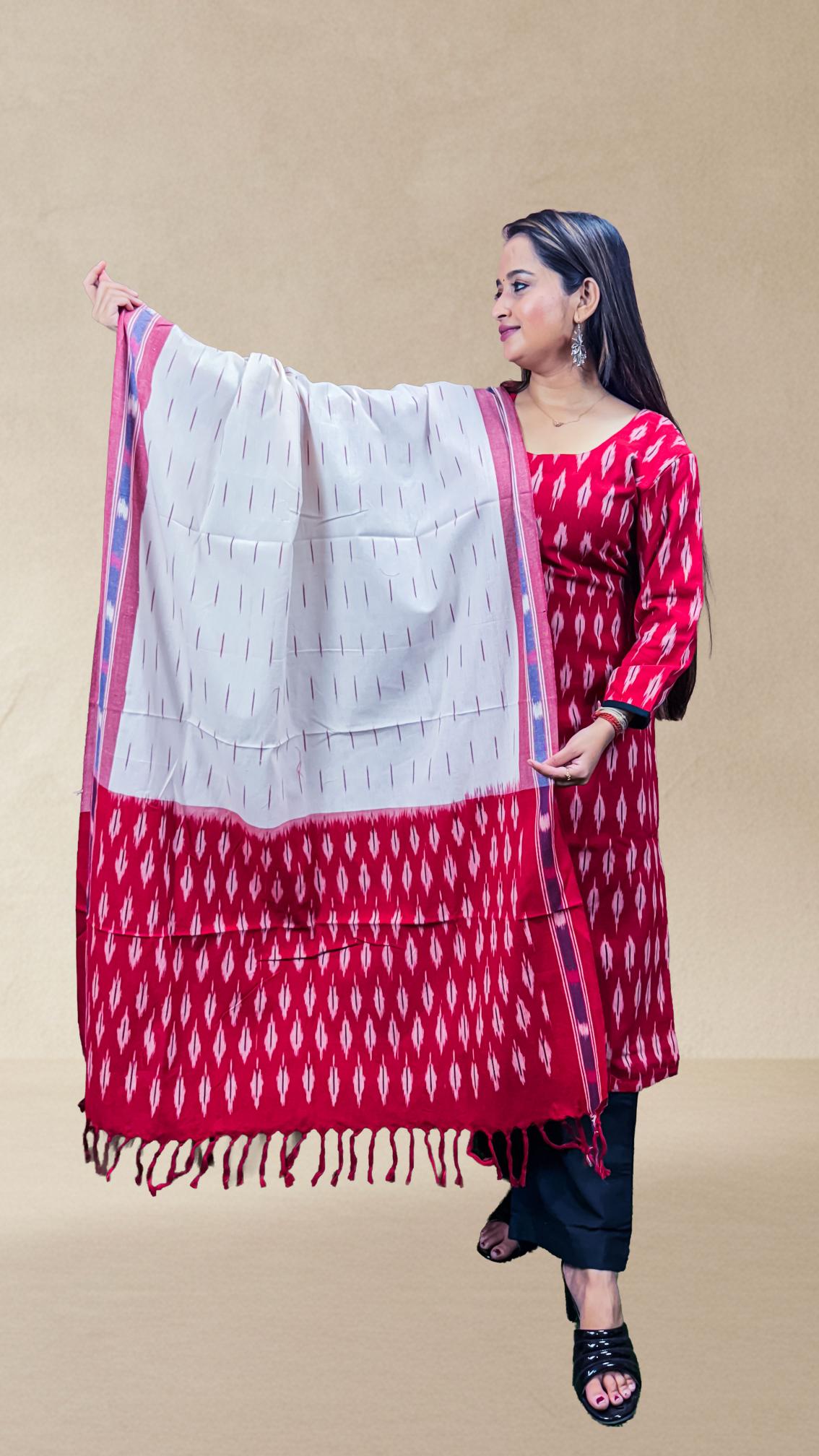 Red Sambalpuri Ikat Kurti Set with Cotton Dupatta
