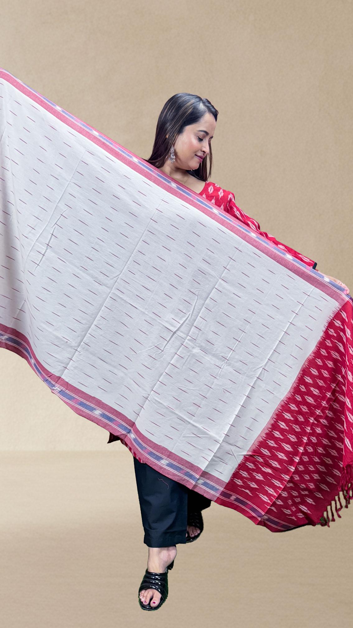 Red Sambalpuri Ikat Kurti Set with Cotton Dupatta