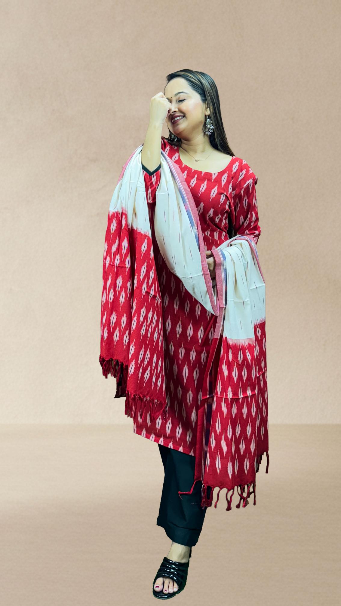 Red Sambalpuri Ikat Kurti Set with Cotton Dupatta