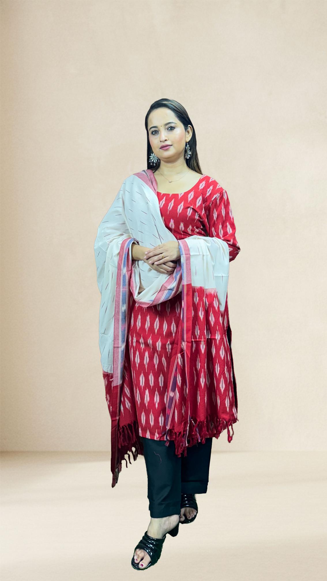 Red Sambalpuri Ikat Kurti Set with Cotton Dupatta