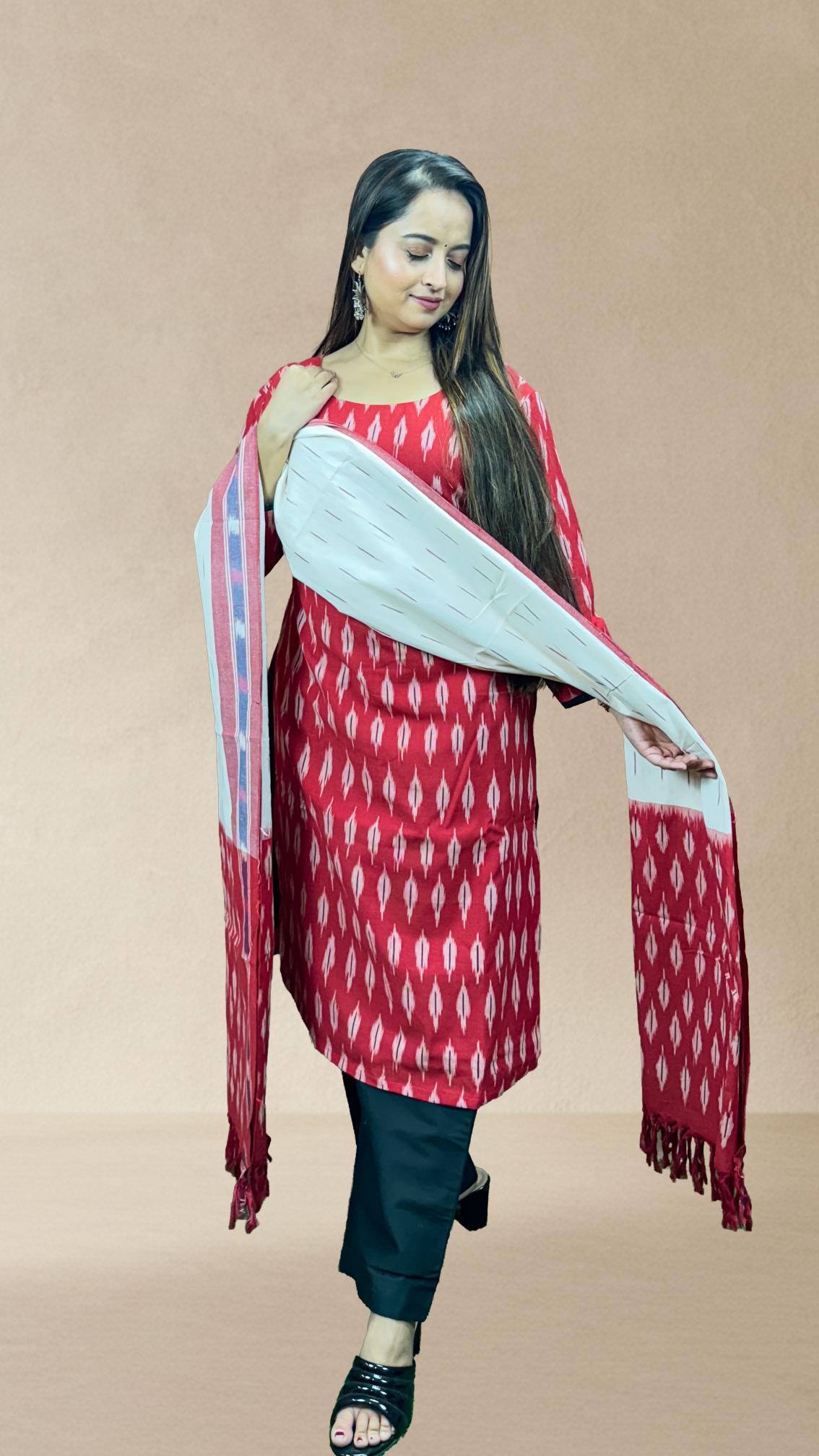 Red Sambalpuri Ikat Kurti Set with Cotton Dupatta