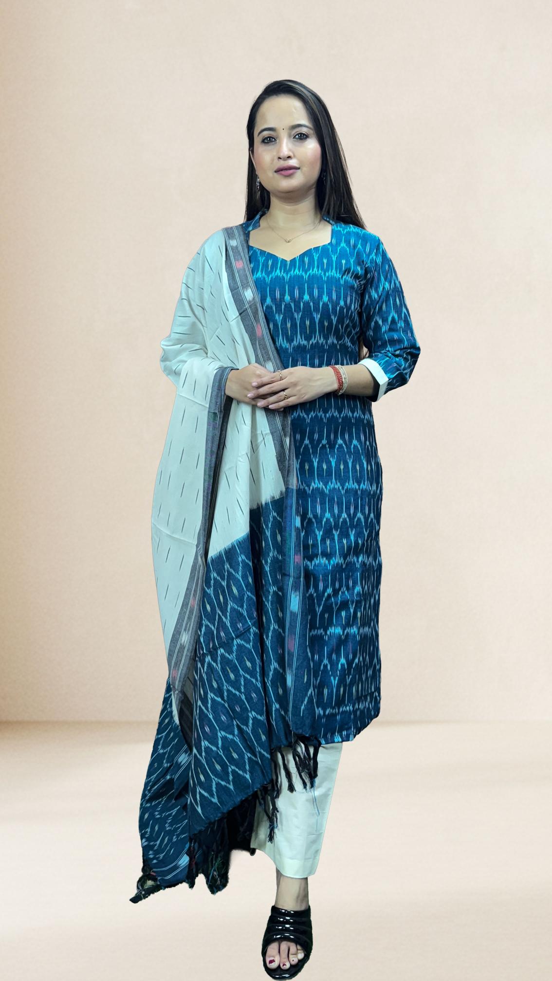 Blue Sambalpuri Ikat Kurti Set with Contrast Dupatta