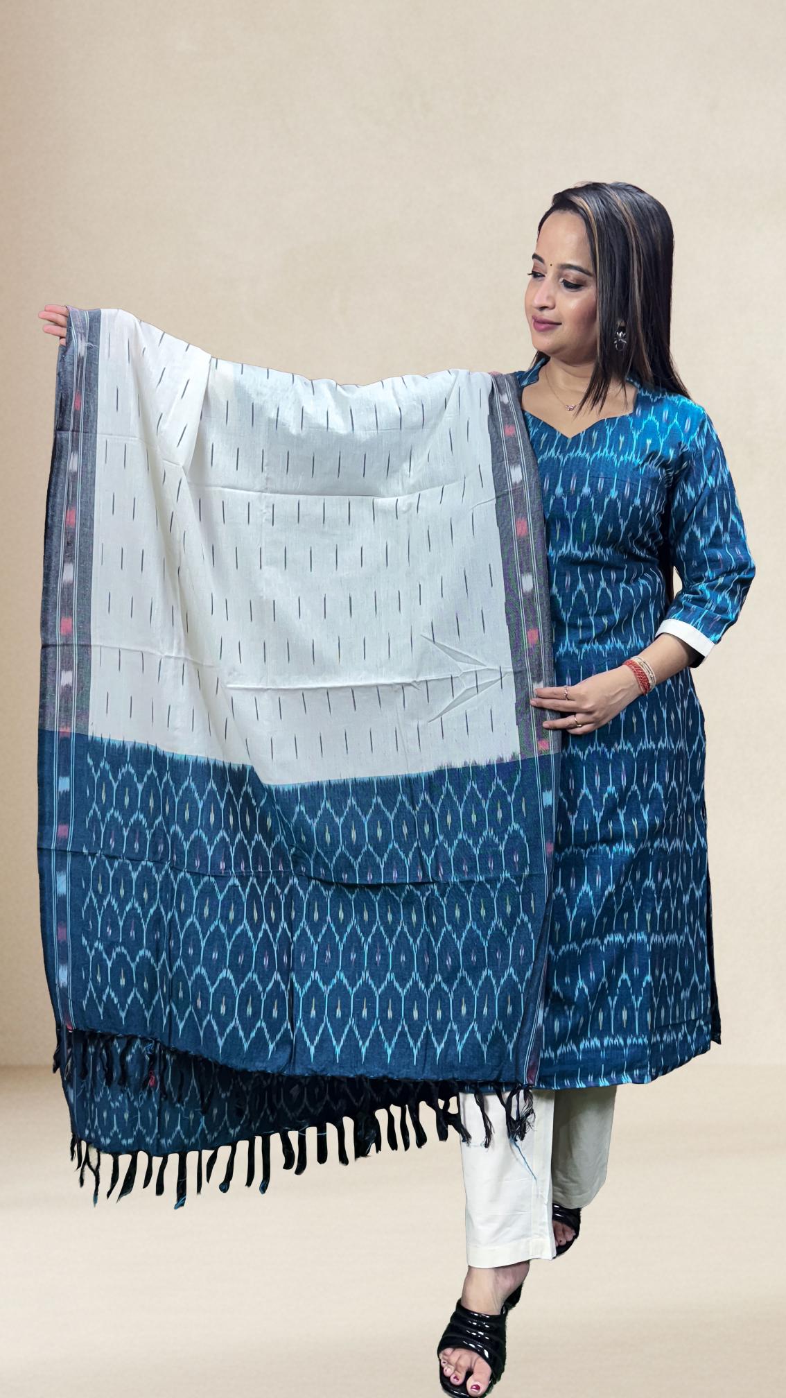 Blue Sambalpuri Ikat Kurti Set with Contrast Dupatta