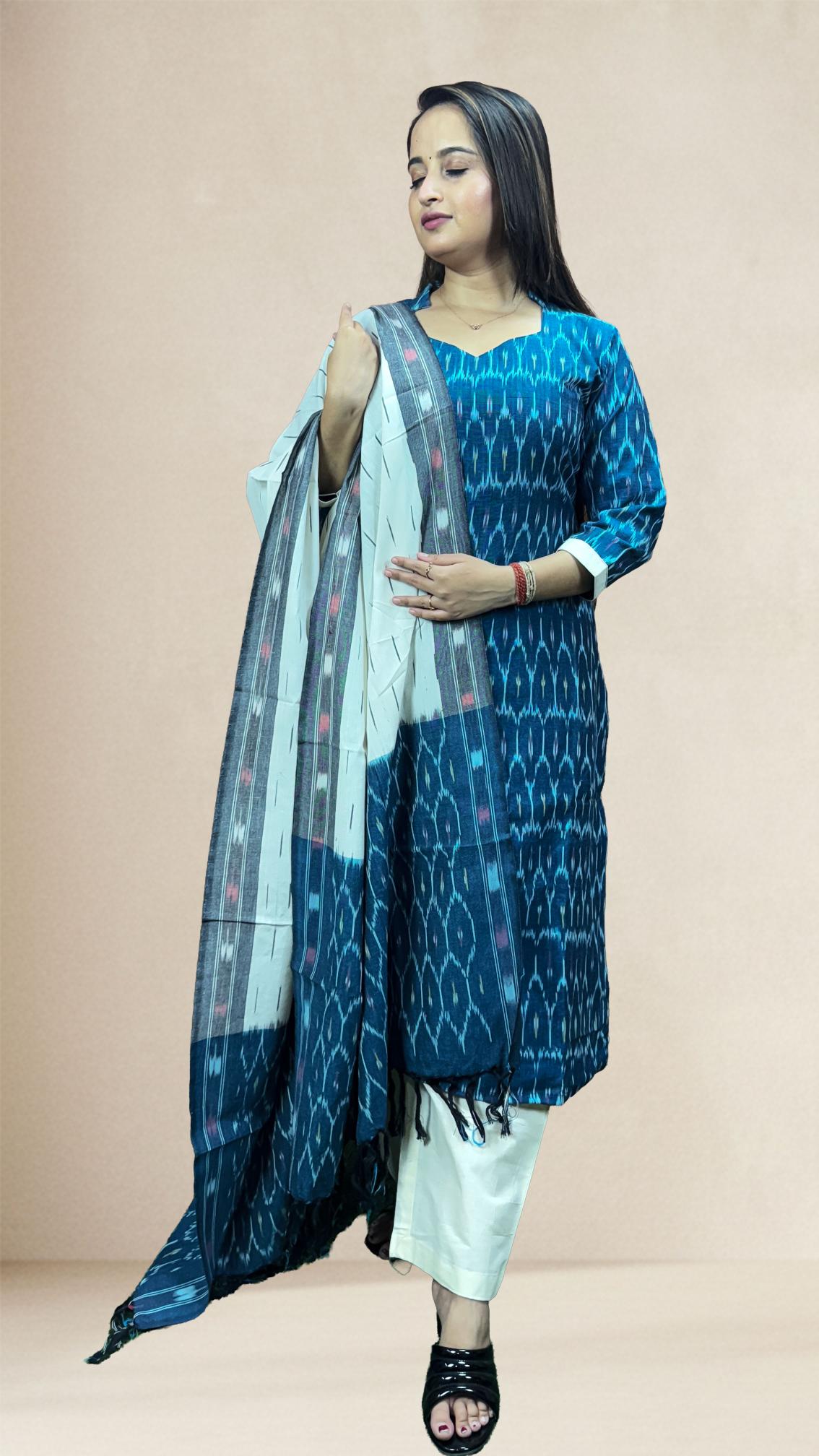 Blue Sambalpuri Ikat Kurti Set with Contrast Dupatta