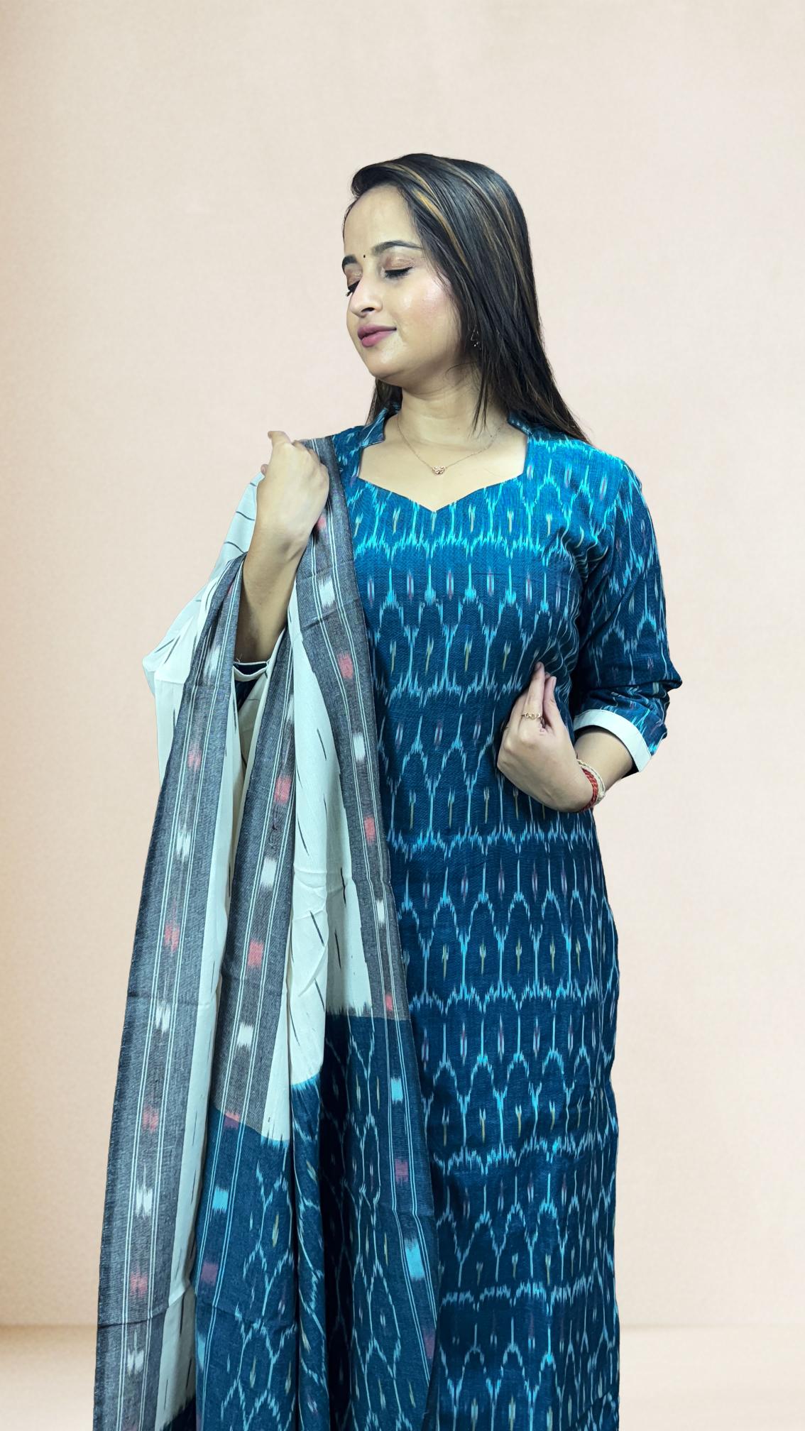 Blue Sambalpuri Ikat Kurti Set with Contrast Dupatta