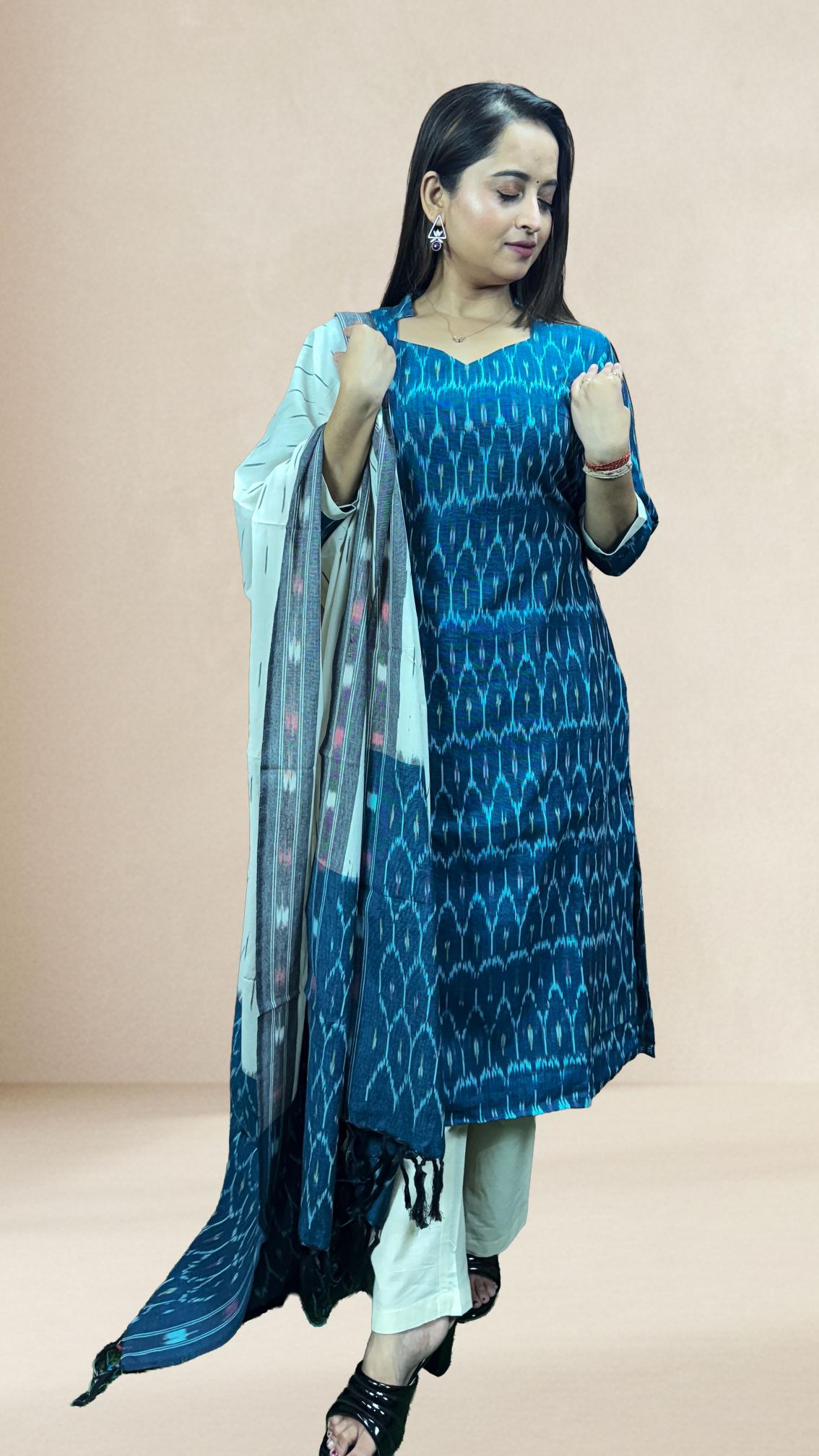 Blue Sambalpuri Ikat Kurti Set with Contrast Dupatta