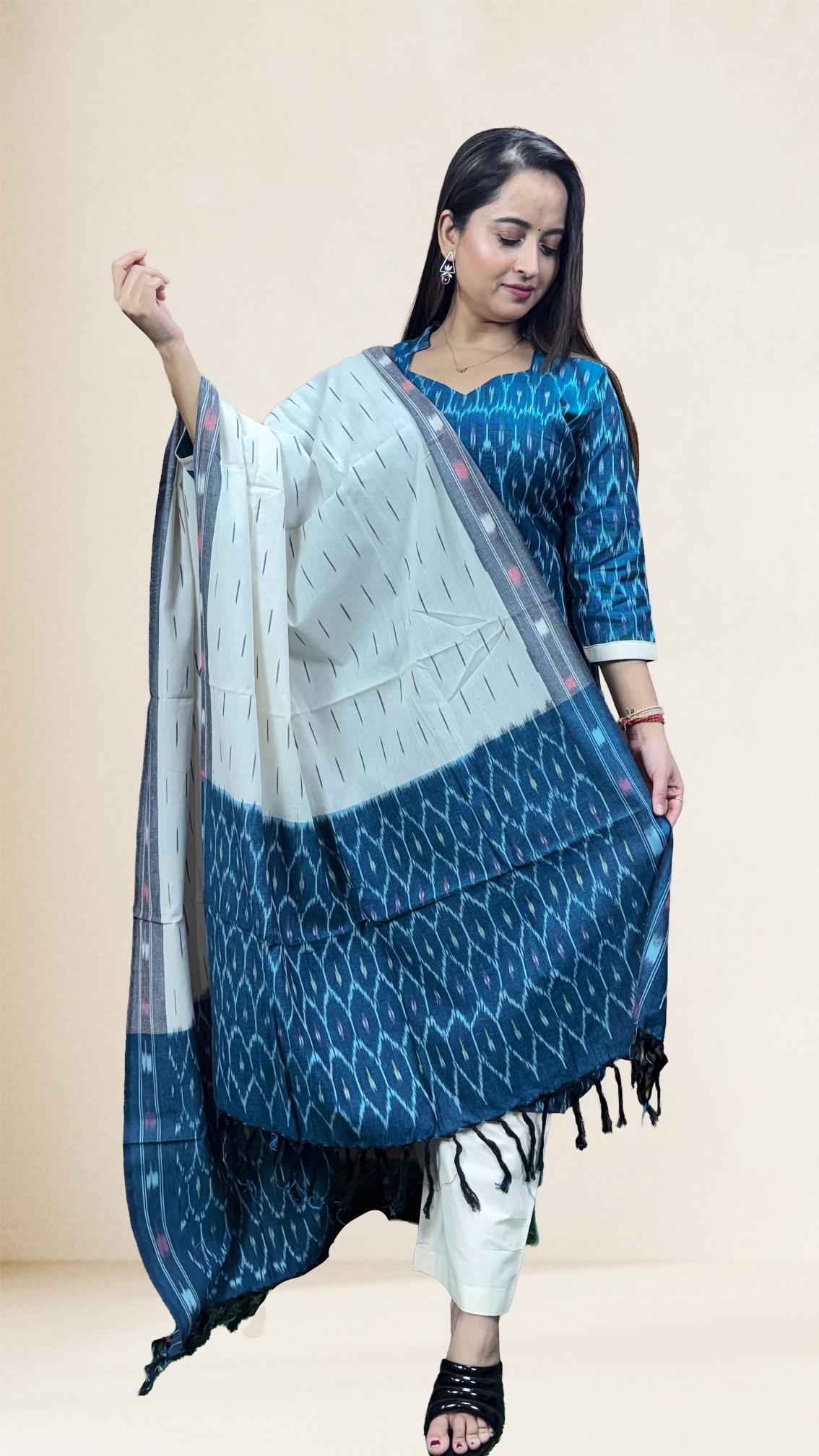 Blue Sambalpuri Ikat Kurti Set with Contrast Dupatta
