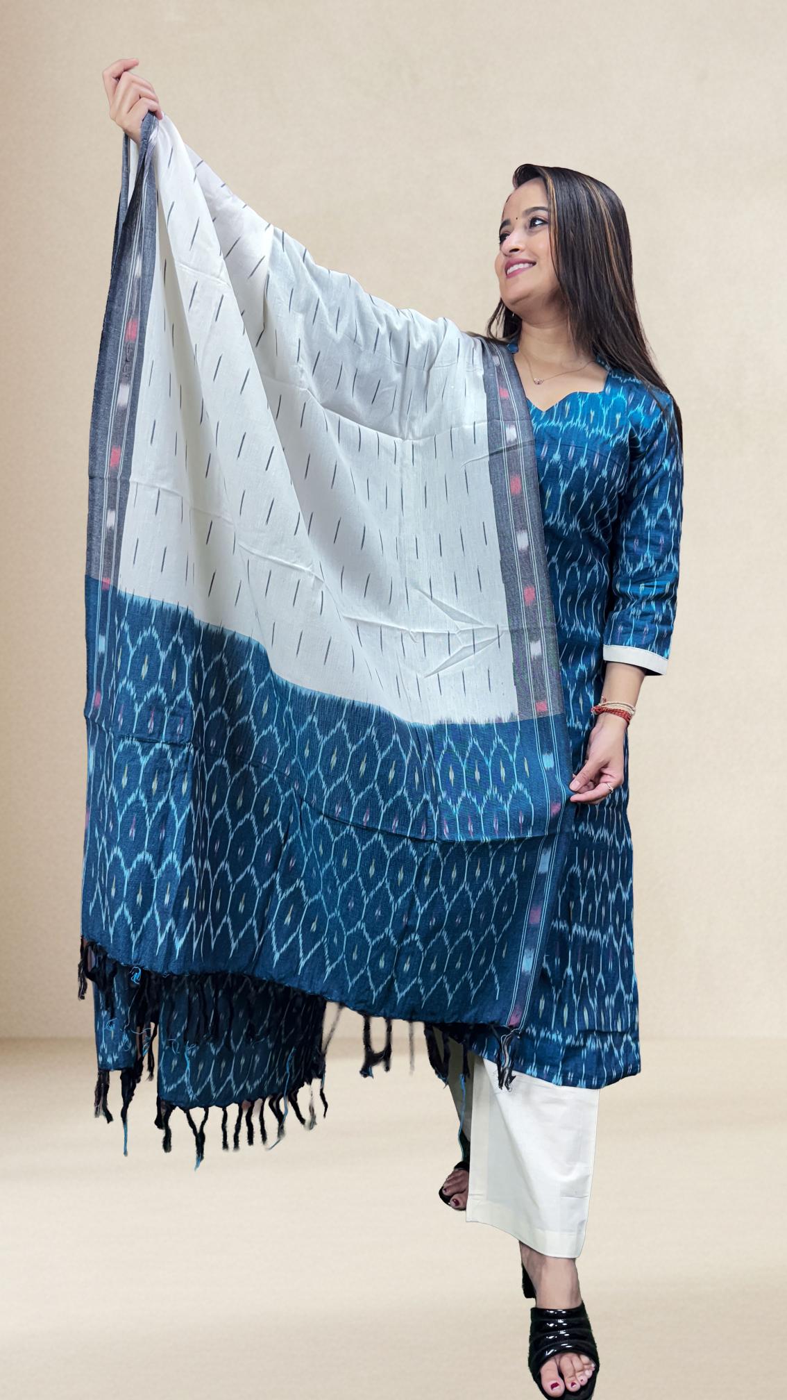 Blue Sambalpuri Ikat Kurti Set with Contrast Dupatta