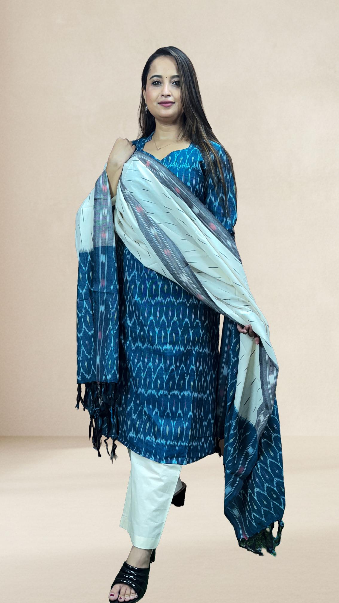 Blue Sambalpuri Ikat Kurti Set with Contrast Dupatta